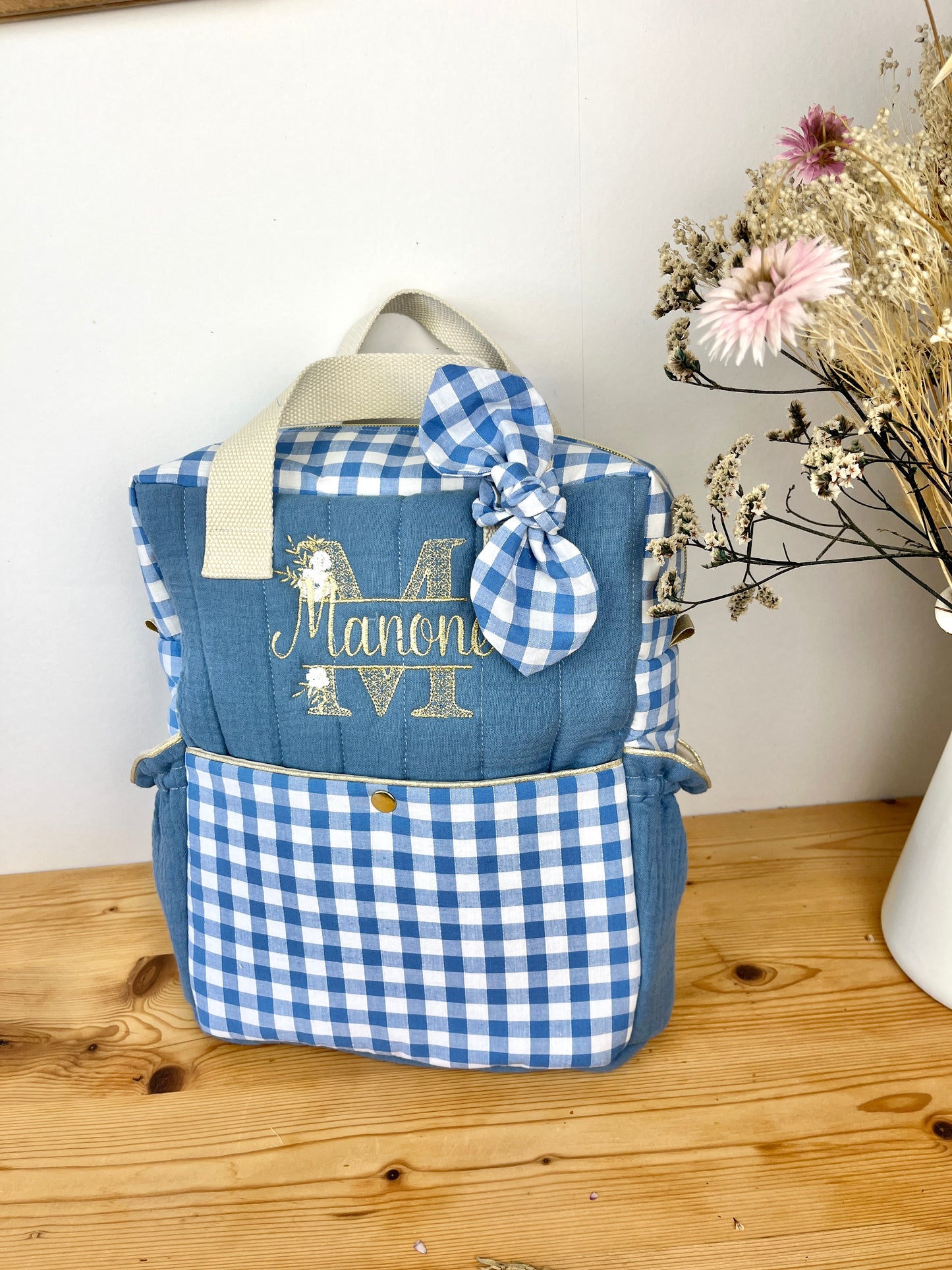 Le sac à dos enfant Ombeline gaze et vichy bleu indigo