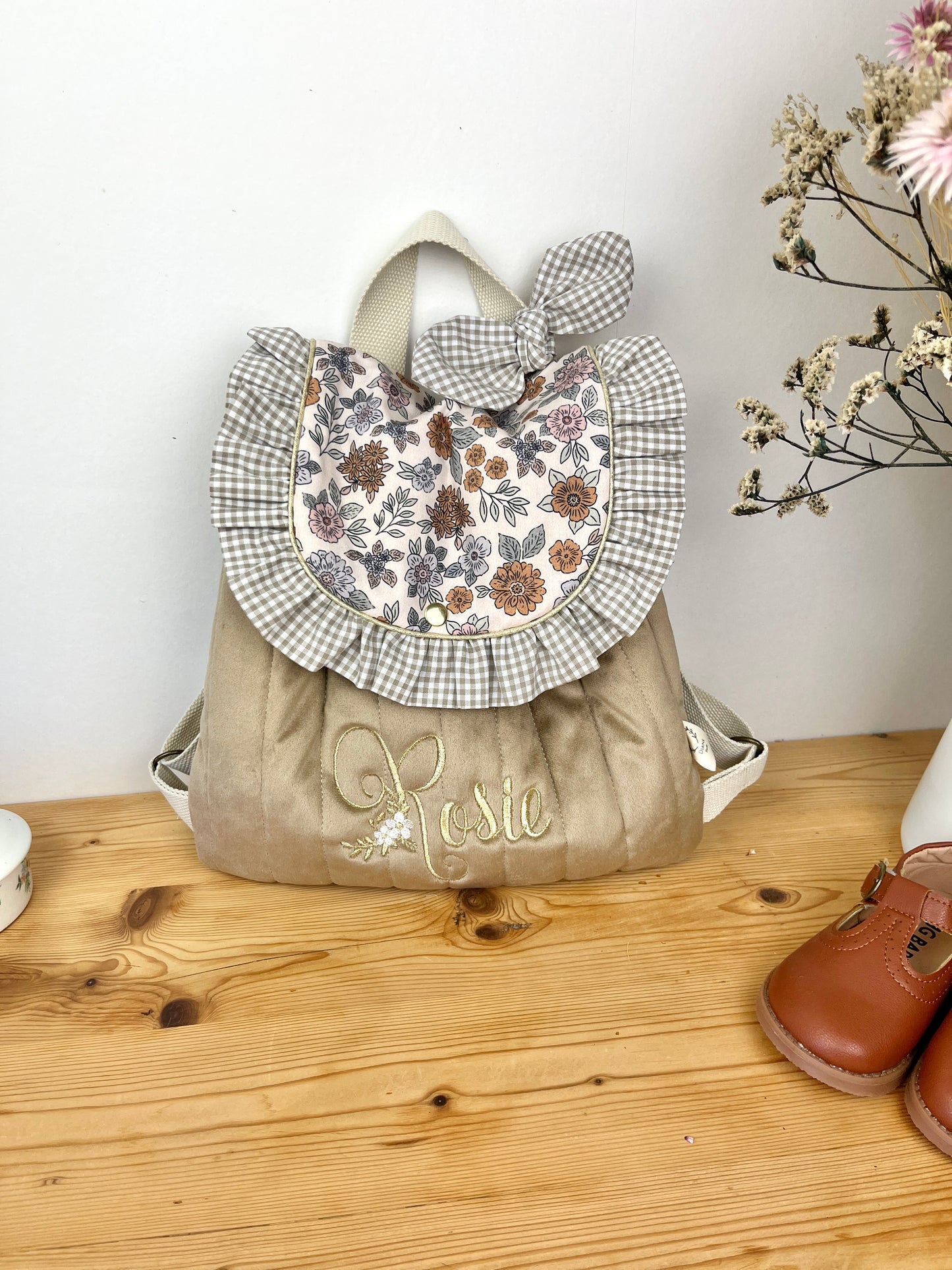 Le sac à dos Églantine velours, vichy et marion
