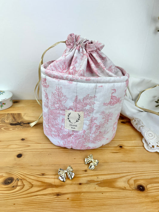 Le panier pochon Aëlis toile de jouy rose
