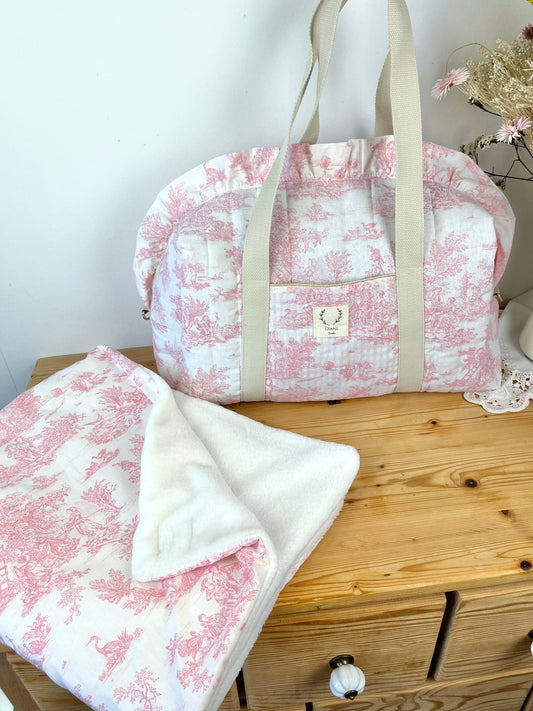 Ensemble Sac Chloé, couverture et matelas à langer toile de jouy rose