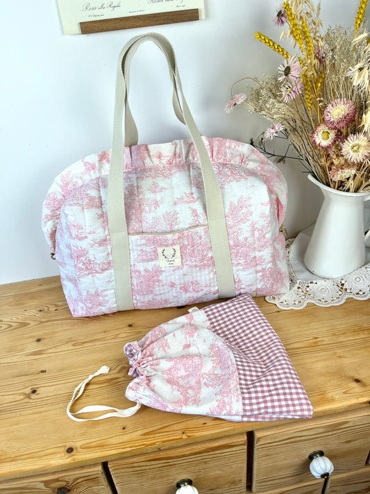Ensemble Sac Chloé et pochon toile de jouy rose