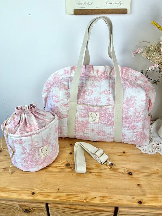 Ensemble Sac Chloé et panier pochon toile de jouy rose