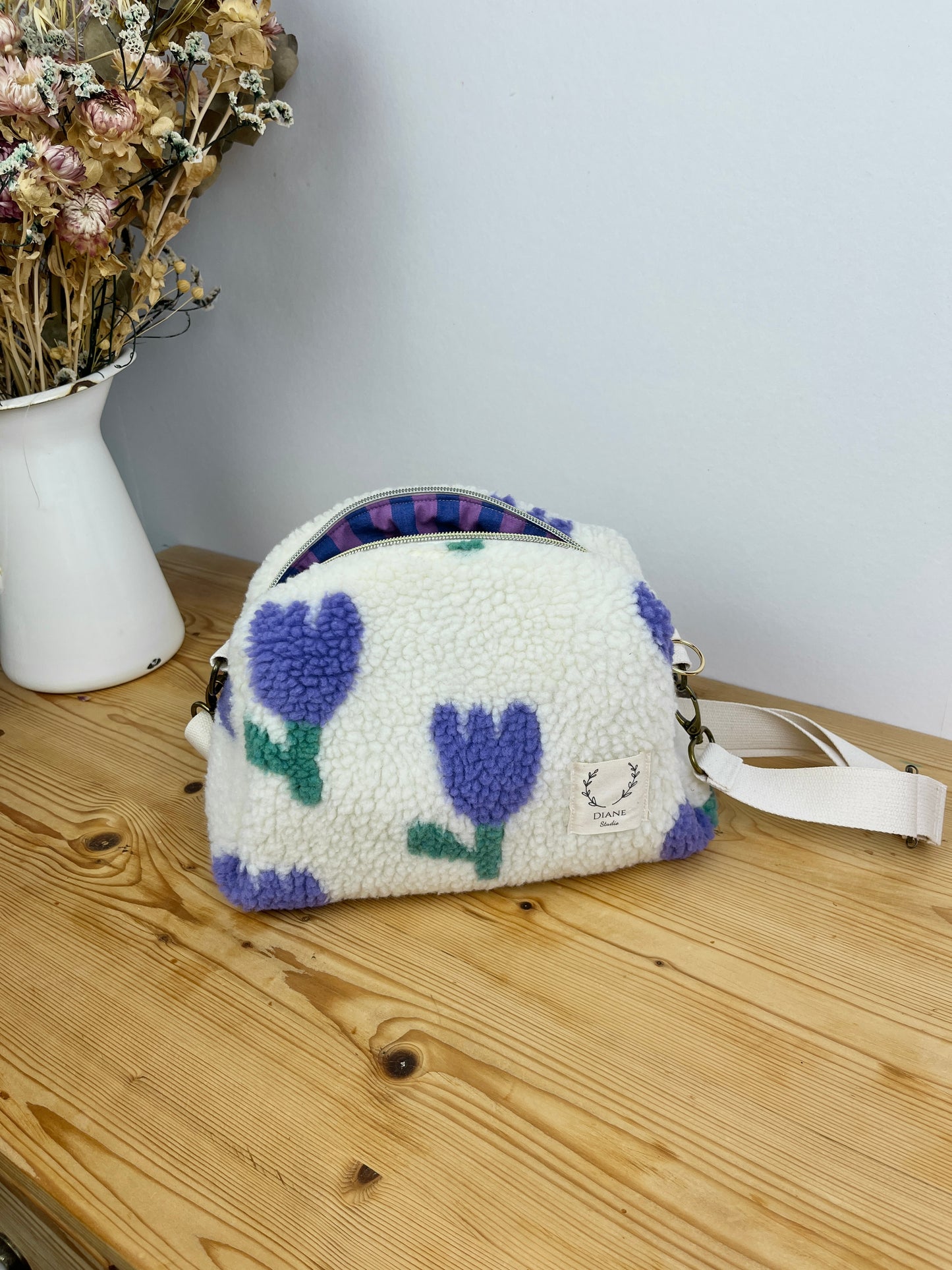 Colette sherpa shoulder bag in purple tulips - made to order