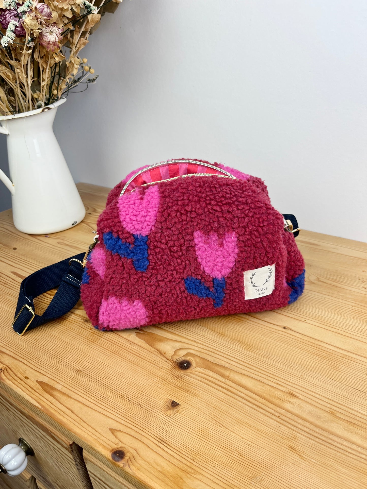 Colette sherpa shoulder bag in pink tulips - in stock