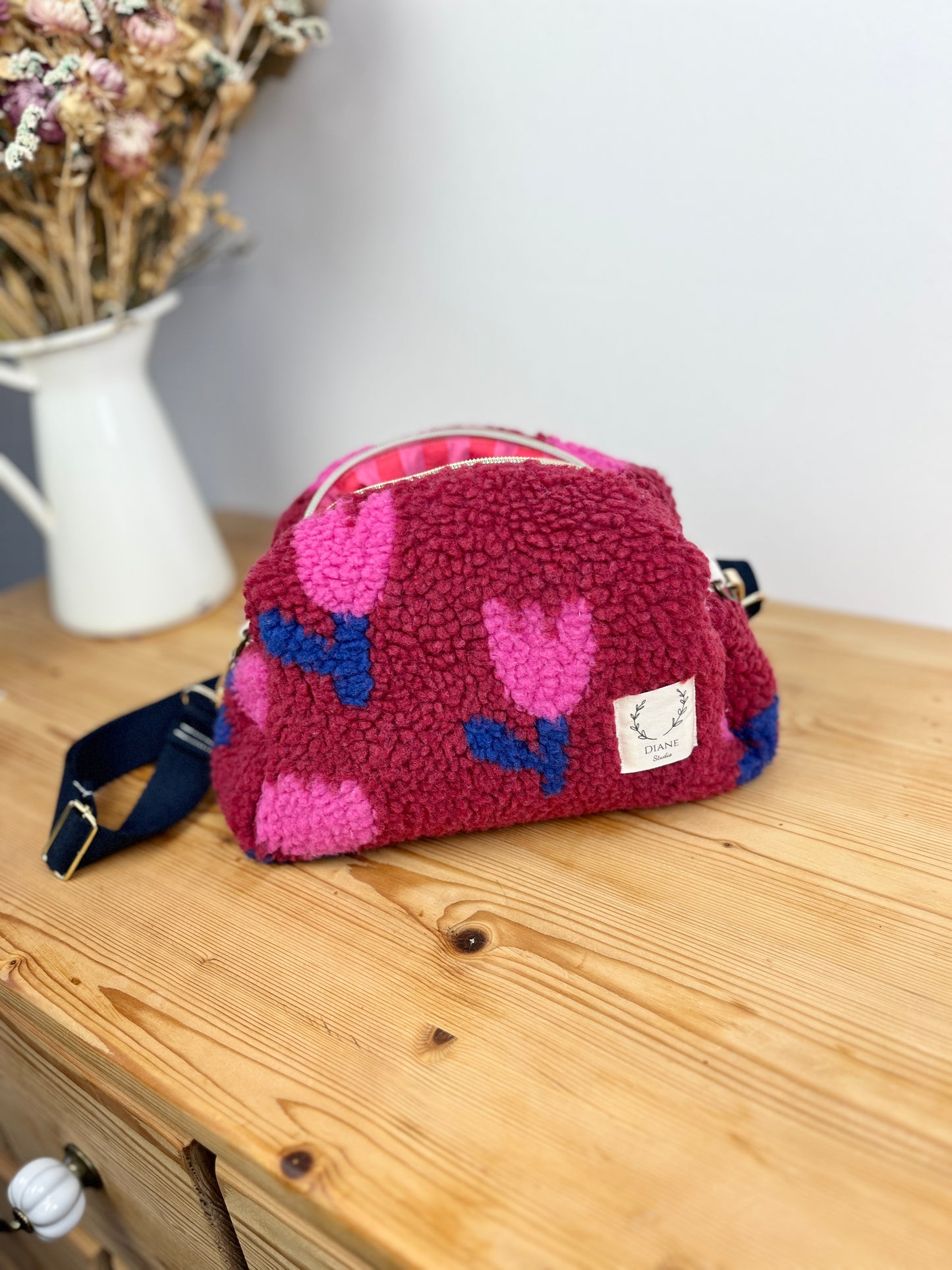 Colette sherpa shoulder bag in pink tulips - in stock