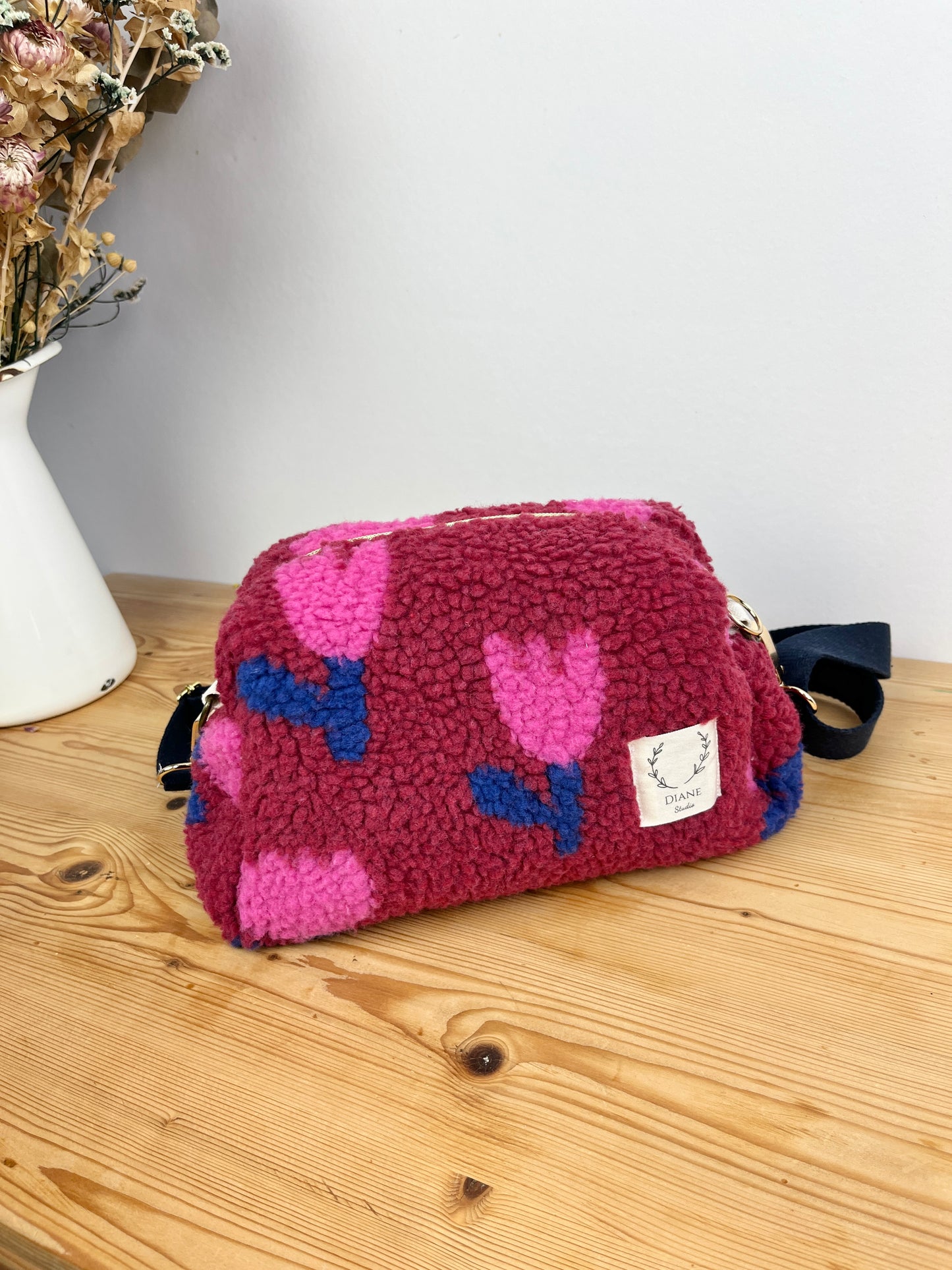 Colette sherpa shoulder bag in pink tulips - in stock