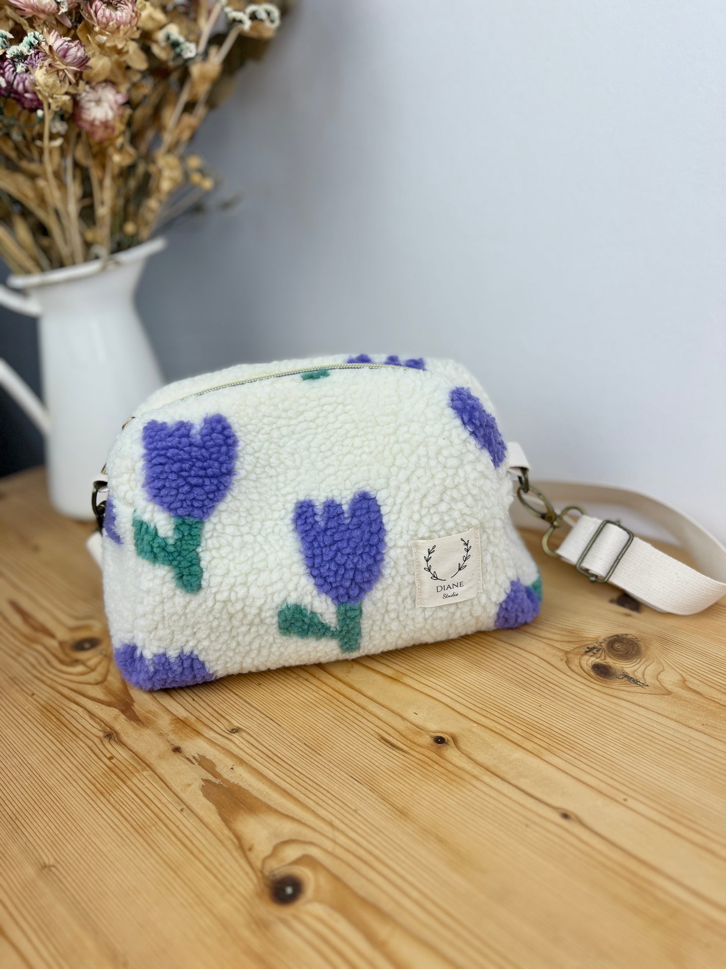 Colette sherpa shoulder bag in purple tulips - made to order