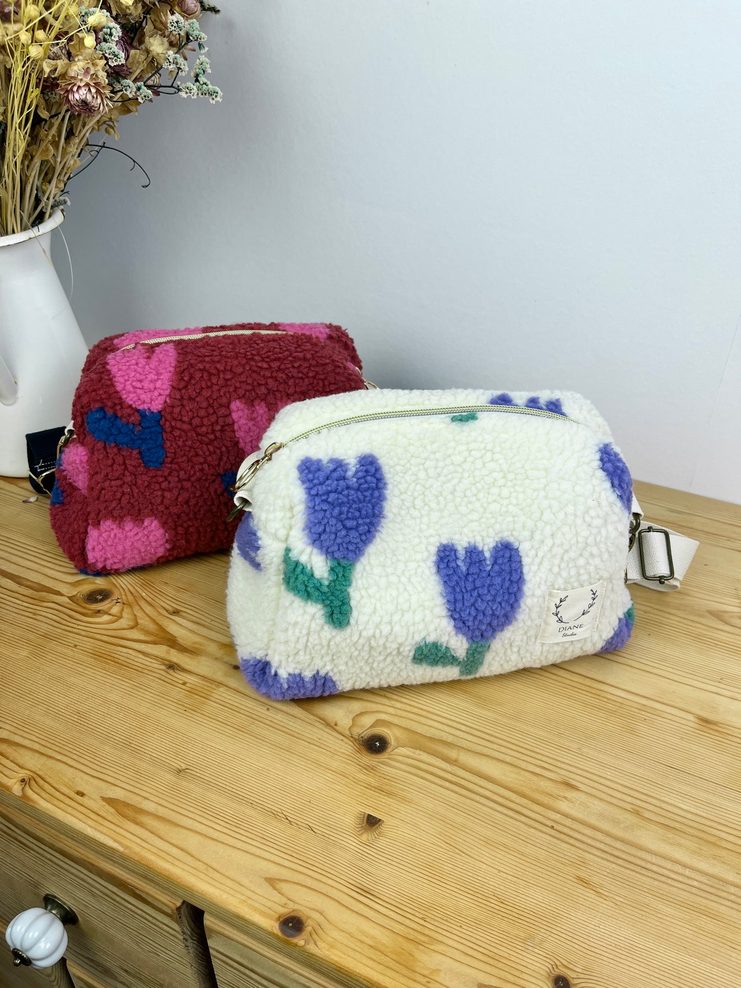 Colette sherpa shoulder bag in purple tulips - made to order
