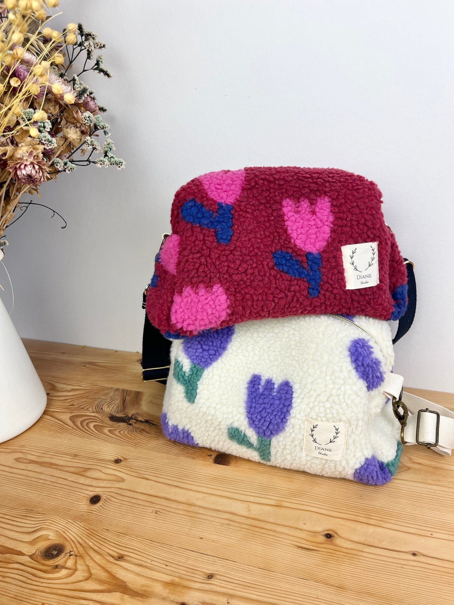 Colette sherpa shoulder bag in pink tulips - in stock