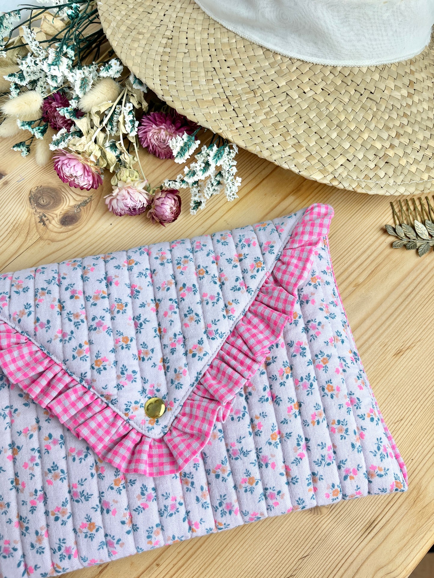 Charlotte quilted clutch bag in double floral gauze