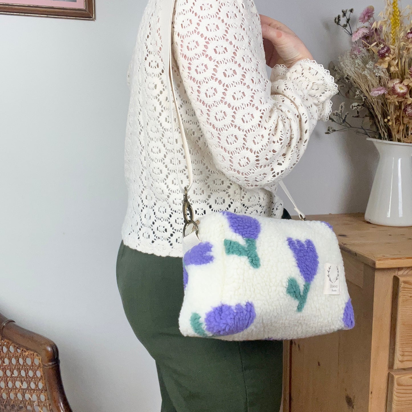 Colette sherpa shoulder bag in purple tulips - made to order