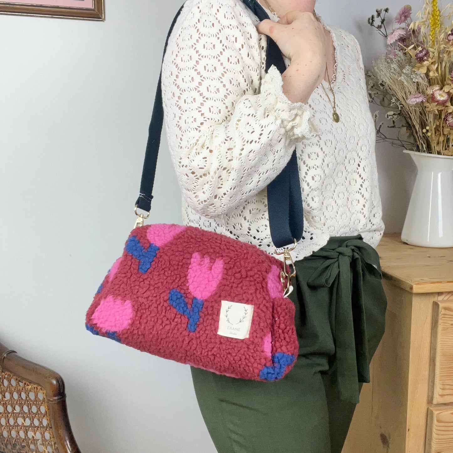 Colette sherpa shoulder bag in pink tulips - in stock