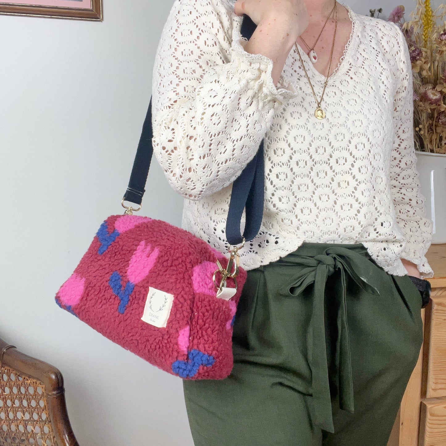 Colette sherpa shoulder bag in pink tulips - in stock