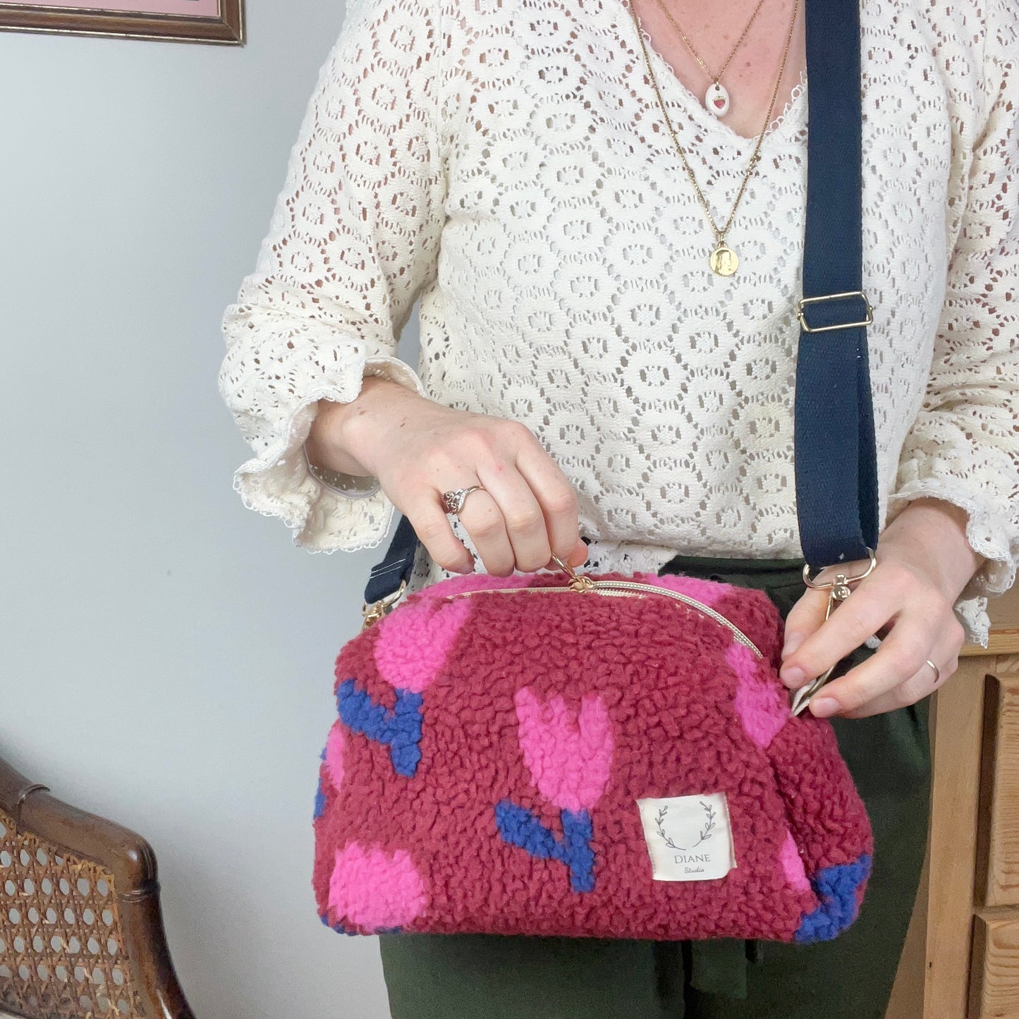 Colette sherpa shoulder bag in pink tulips - in stock