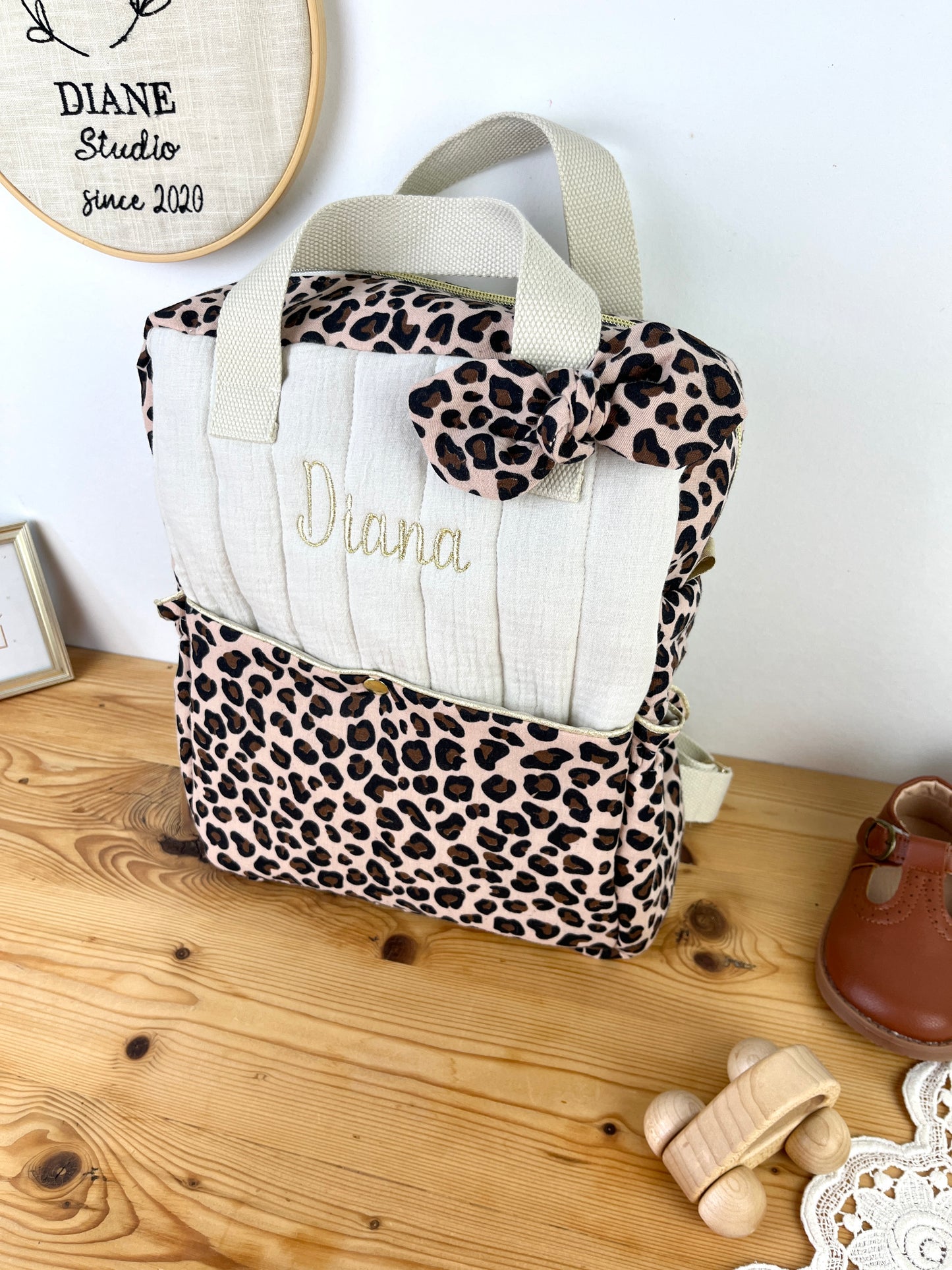 Le sac à dos enfant Ombeline gaze crème et léopard