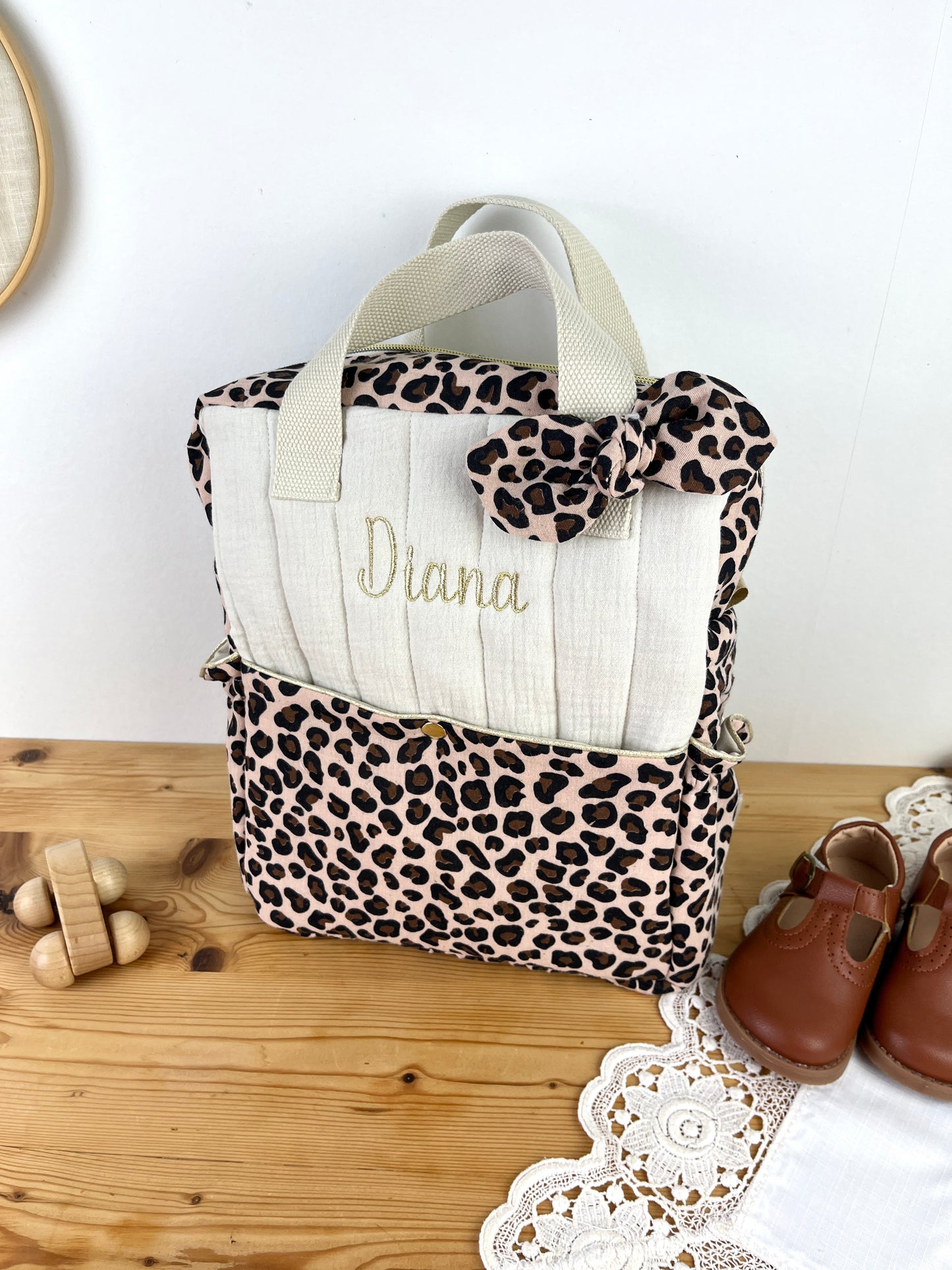 Le sac à dos enfant Ombeline gaze crème et léopard
