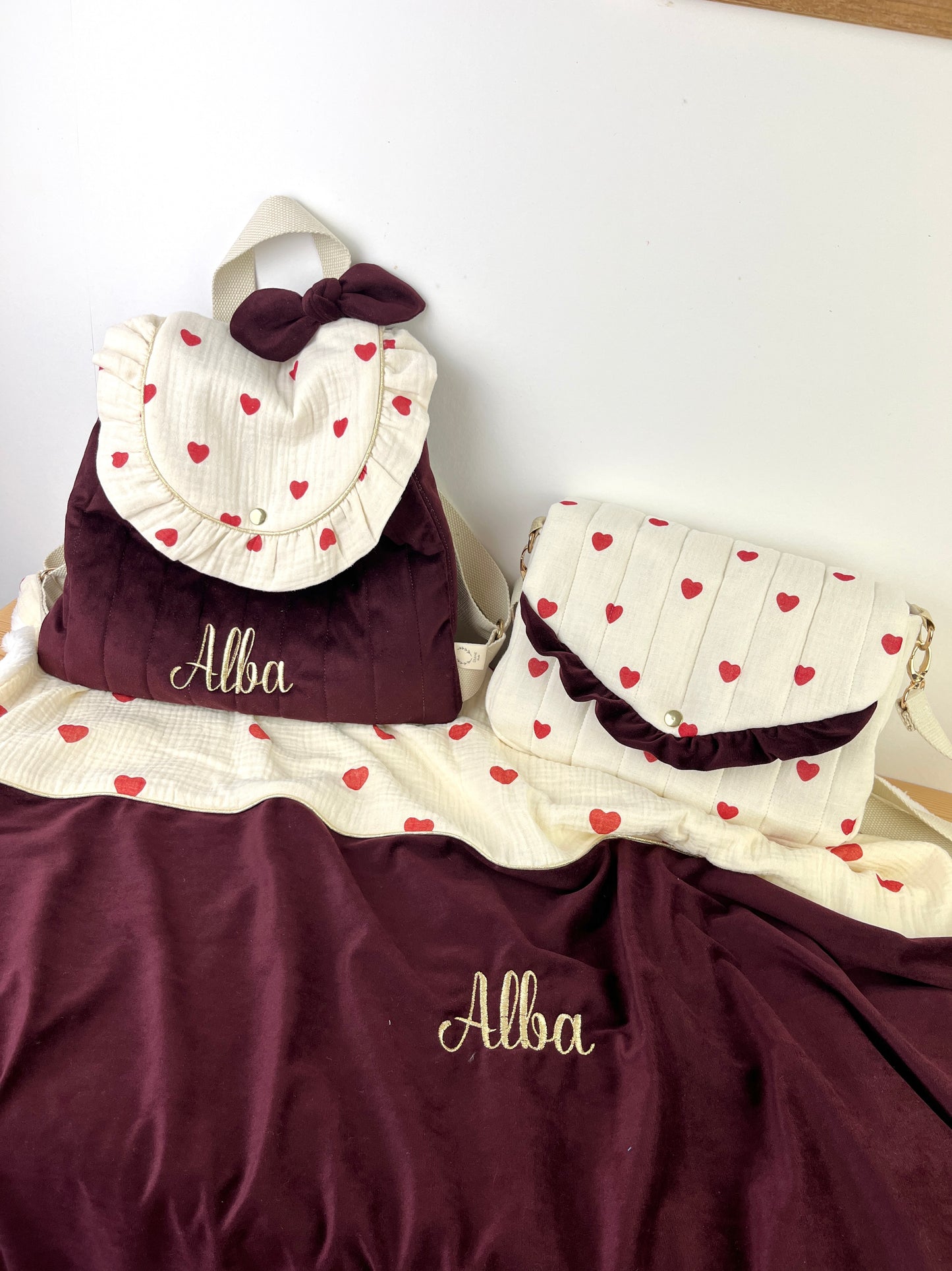 Ensemble mère fille : sac Elise,sac à dos Ombeline, couverture enfant et taie d'oreiller personnalisable