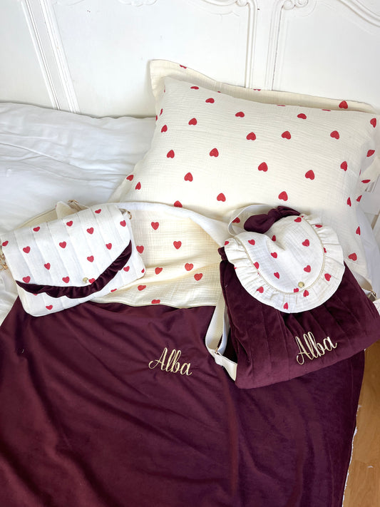 Ensemble mère fille : sac Elise,sac à dos Ombeline, couverture enfant et taie d'oreiller personnalisable