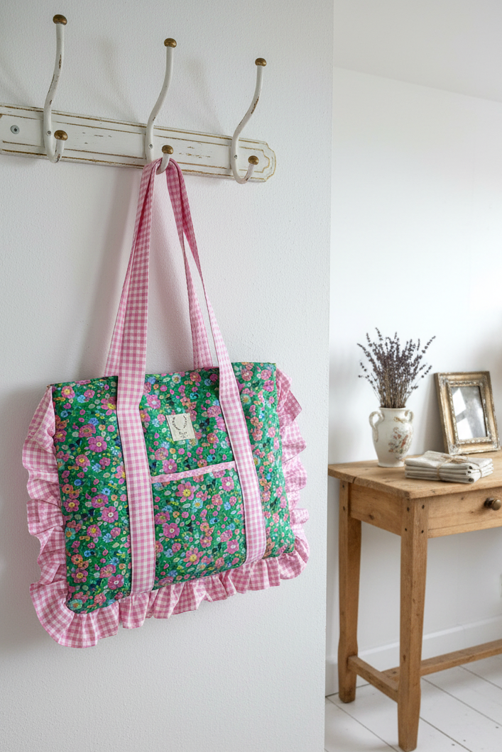 The large Betsy Granny Smith and pink gingham tote bag