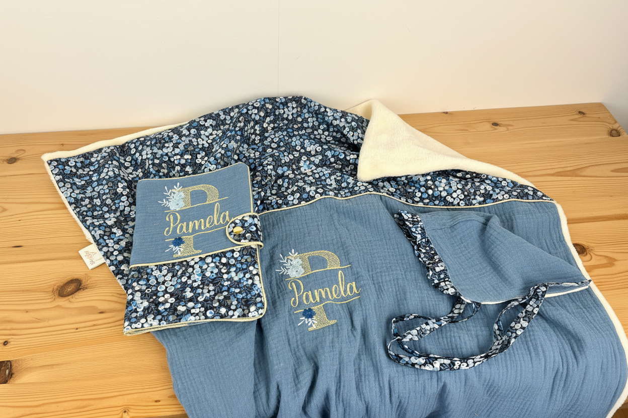 Set includes: Toiletry bag, blanket, doll, notebook cover, and bonnet 