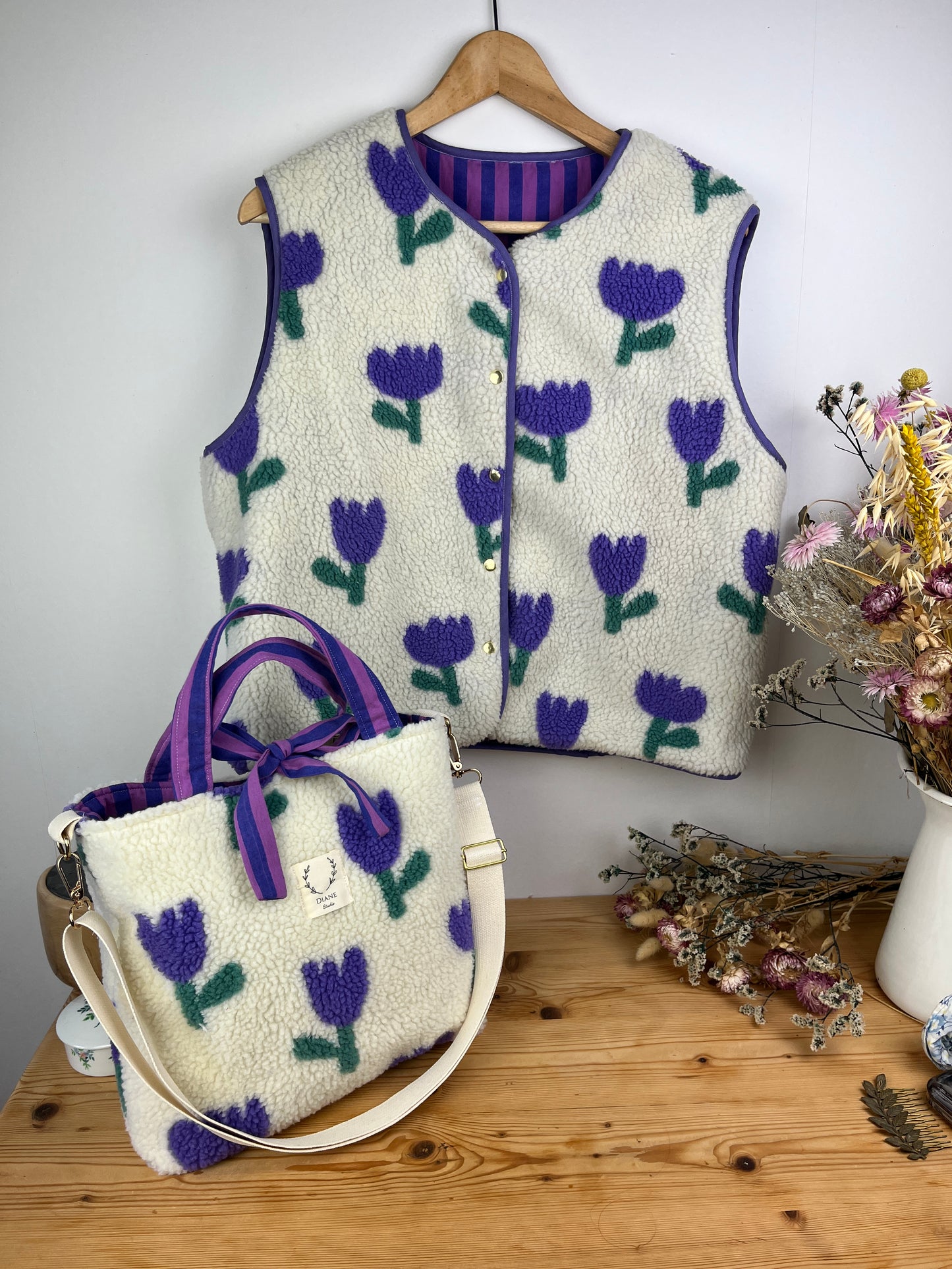 The Coraliane sherpa vest in mauve tulips - made to order