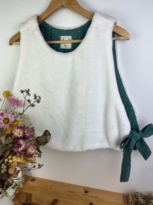 Le pull Joséphine gaze eucalyptus et polaire doudou