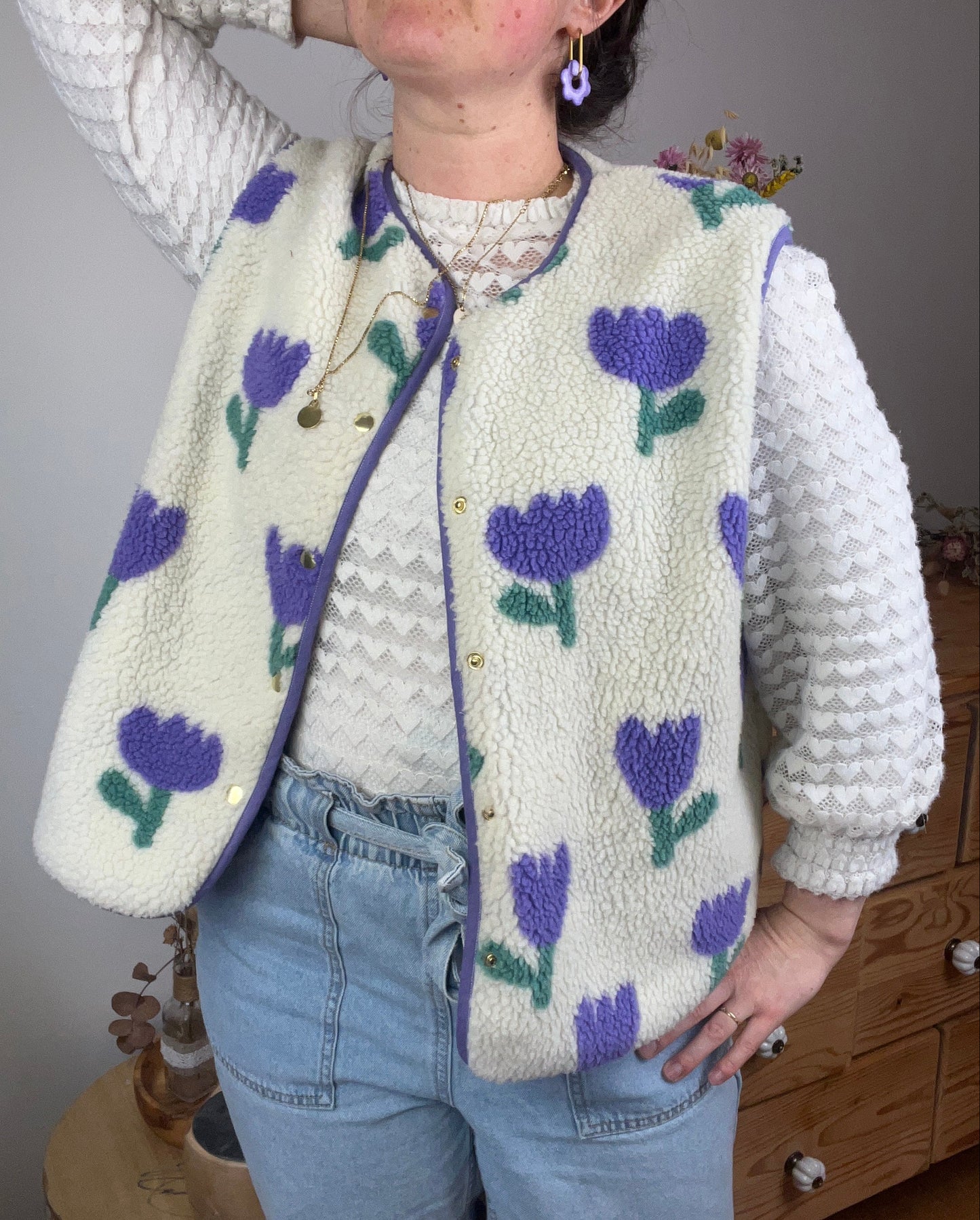 The Coraliane sherpa vest in mauve tulips - made to order