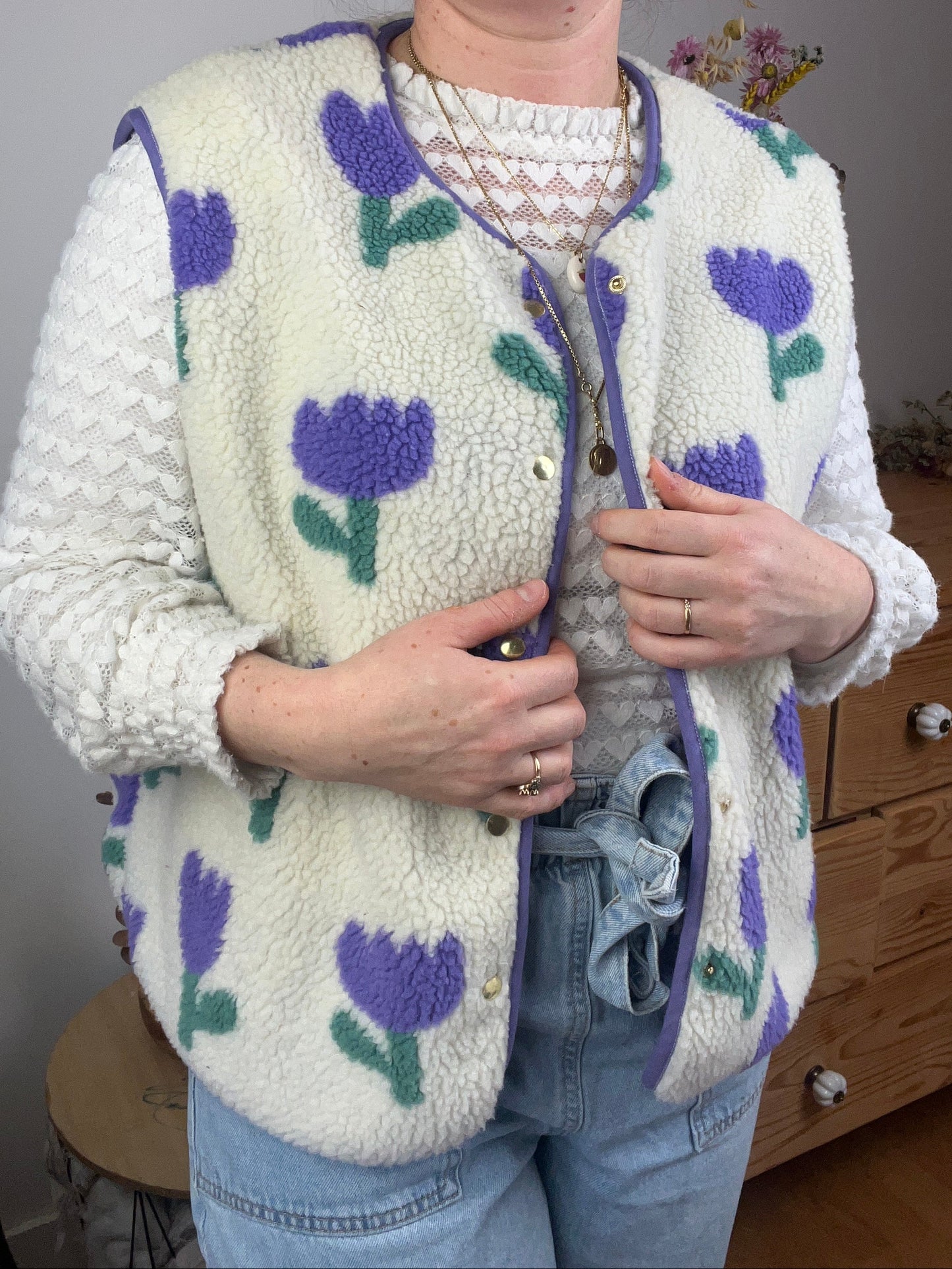 The Coraliane sherpa vest in mauve tulips - made to order