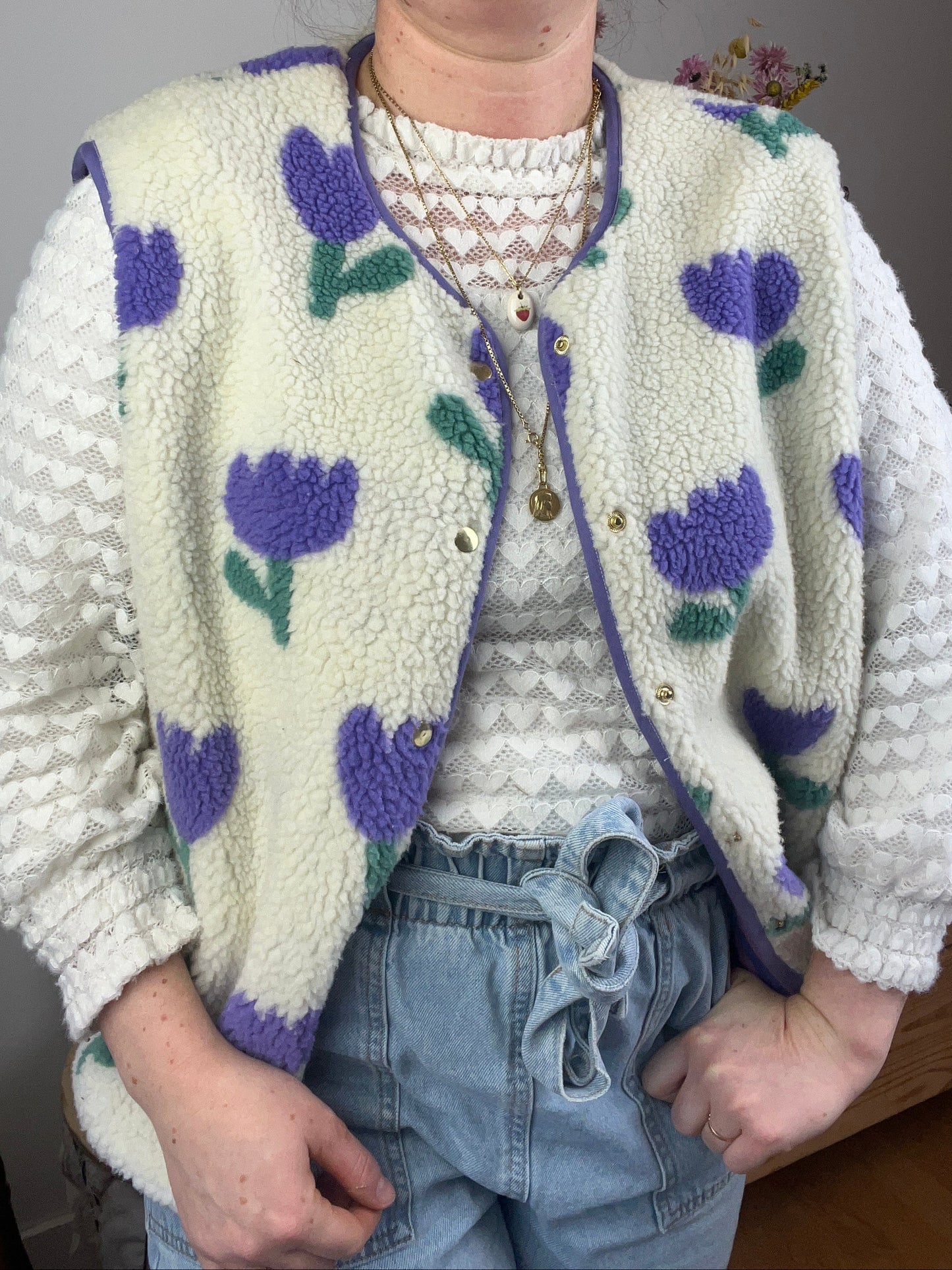 The Coraliane sherpa vest in mauve tulips - made to order
