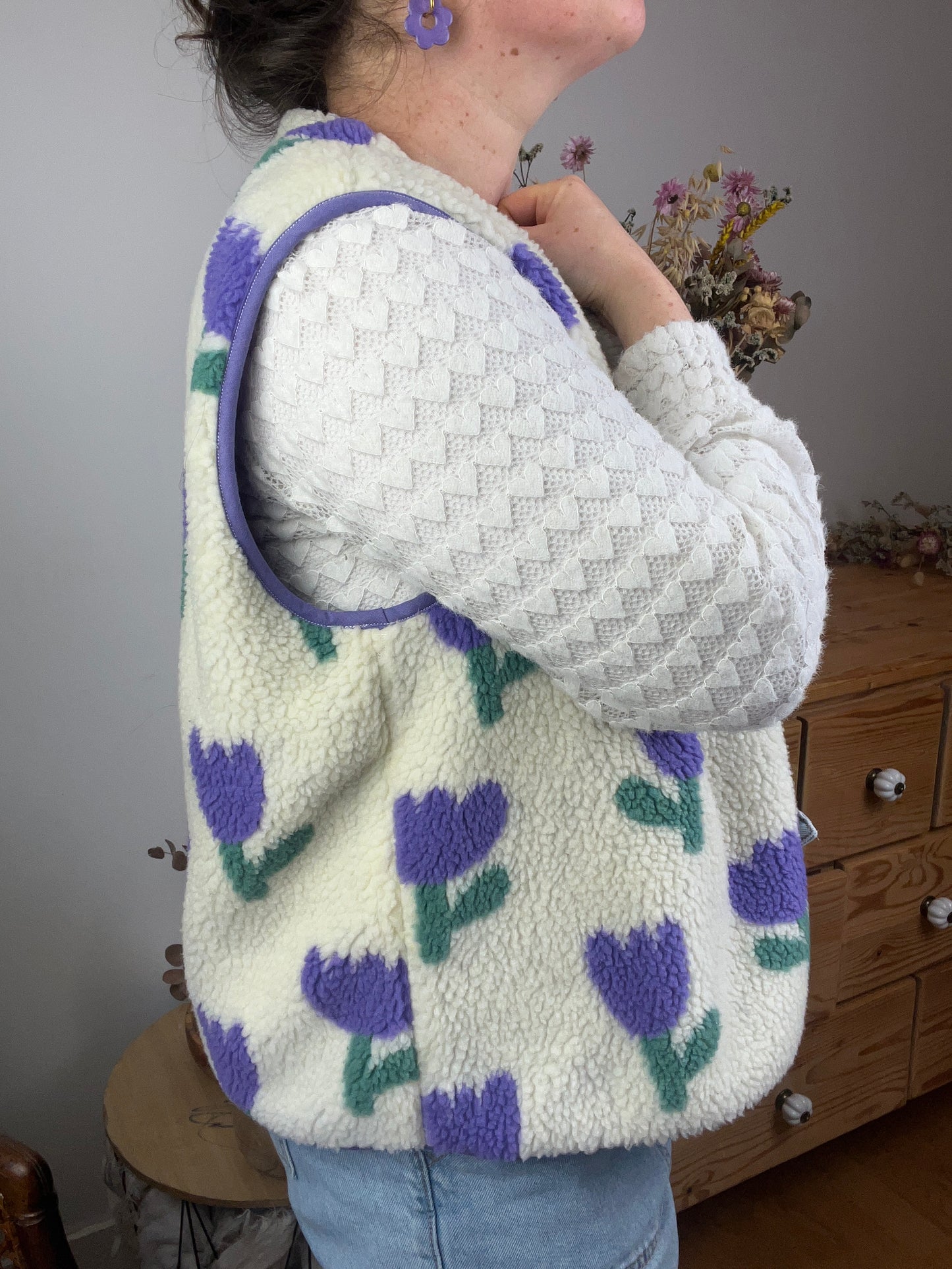 The Coraliane sherpa vest in mauve tulips - made to order