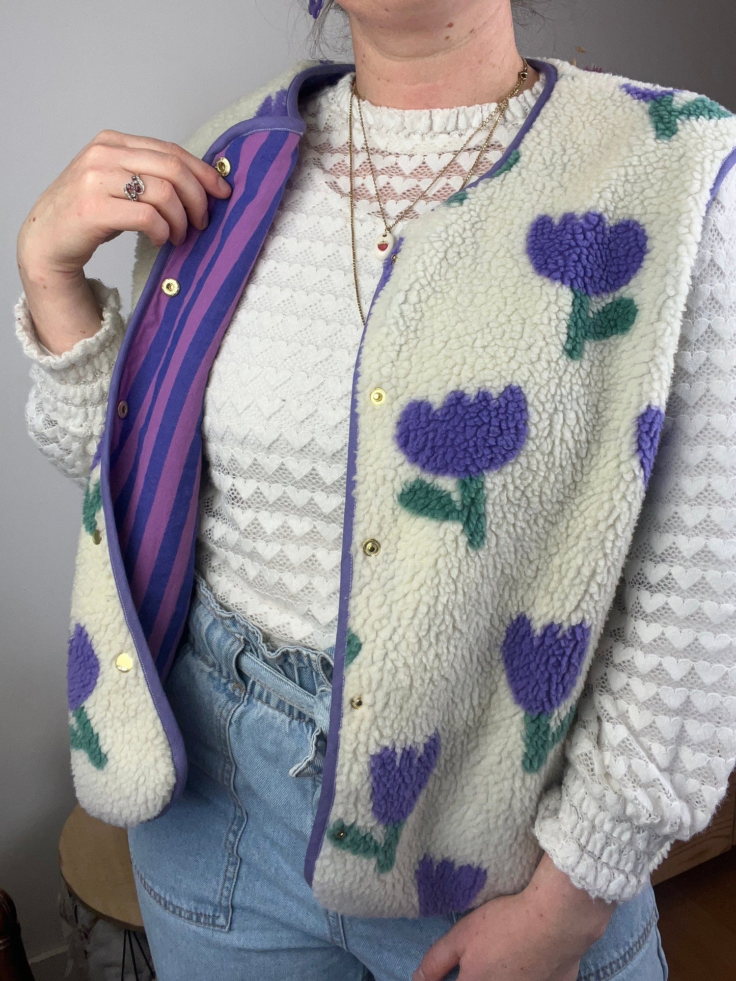 The Coraliane sherpa vest in mauve tulips - made to order