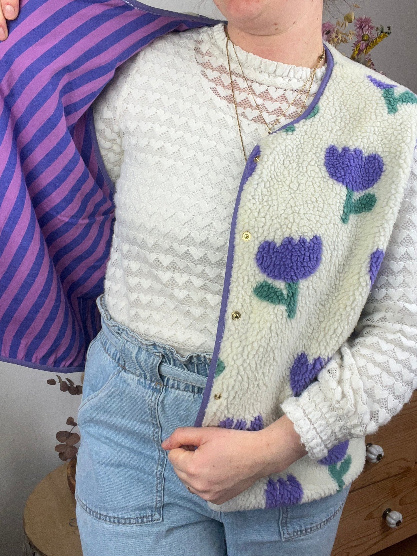 The Coraliane sherpa vest in mauve tulips - made to order