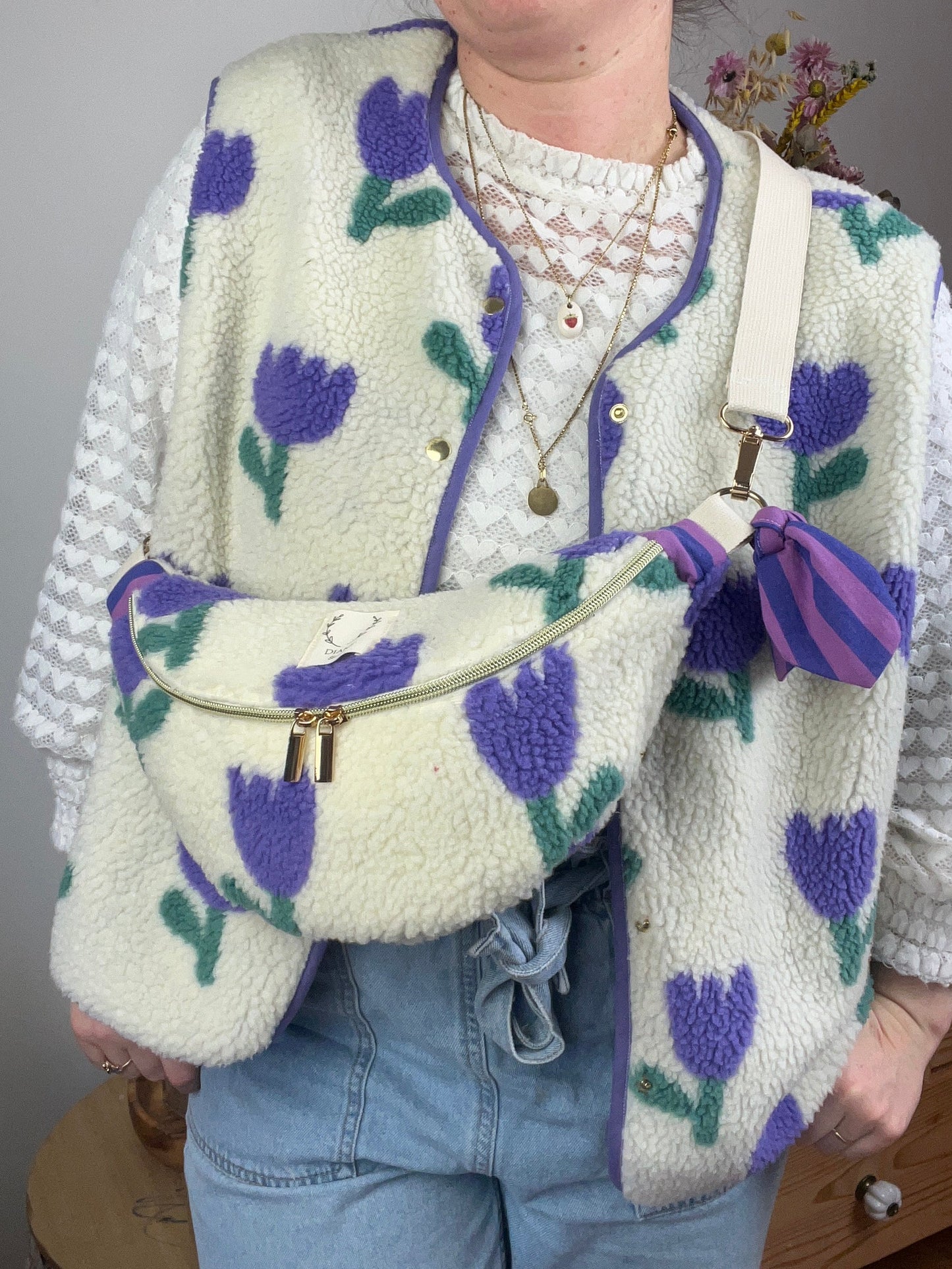 The Coraliane sherpa vest in mauve tulips - made to order