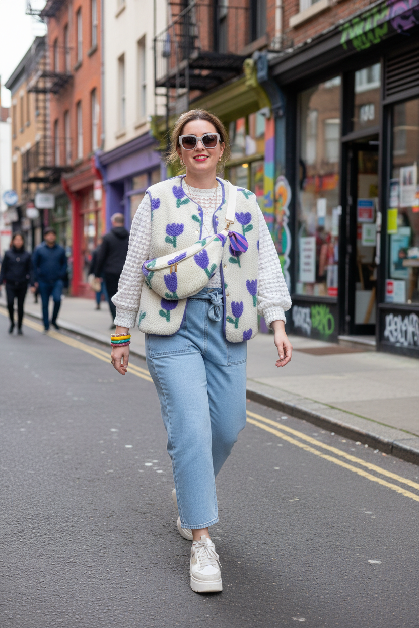 The Eléonore sherpa fanny pack in mauve tulips