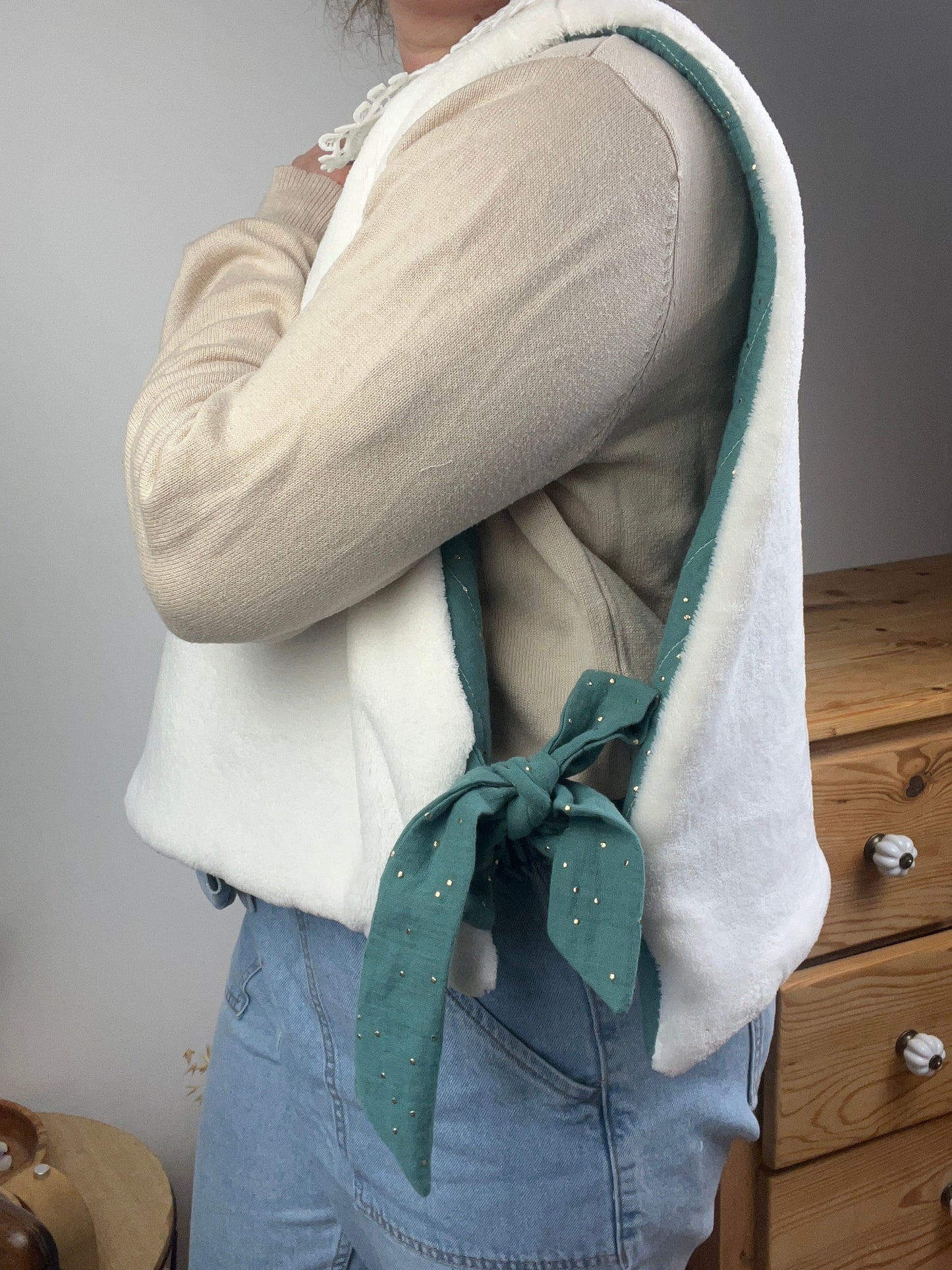 The Josephine sweater in eucalyptus gauze and soft fleece