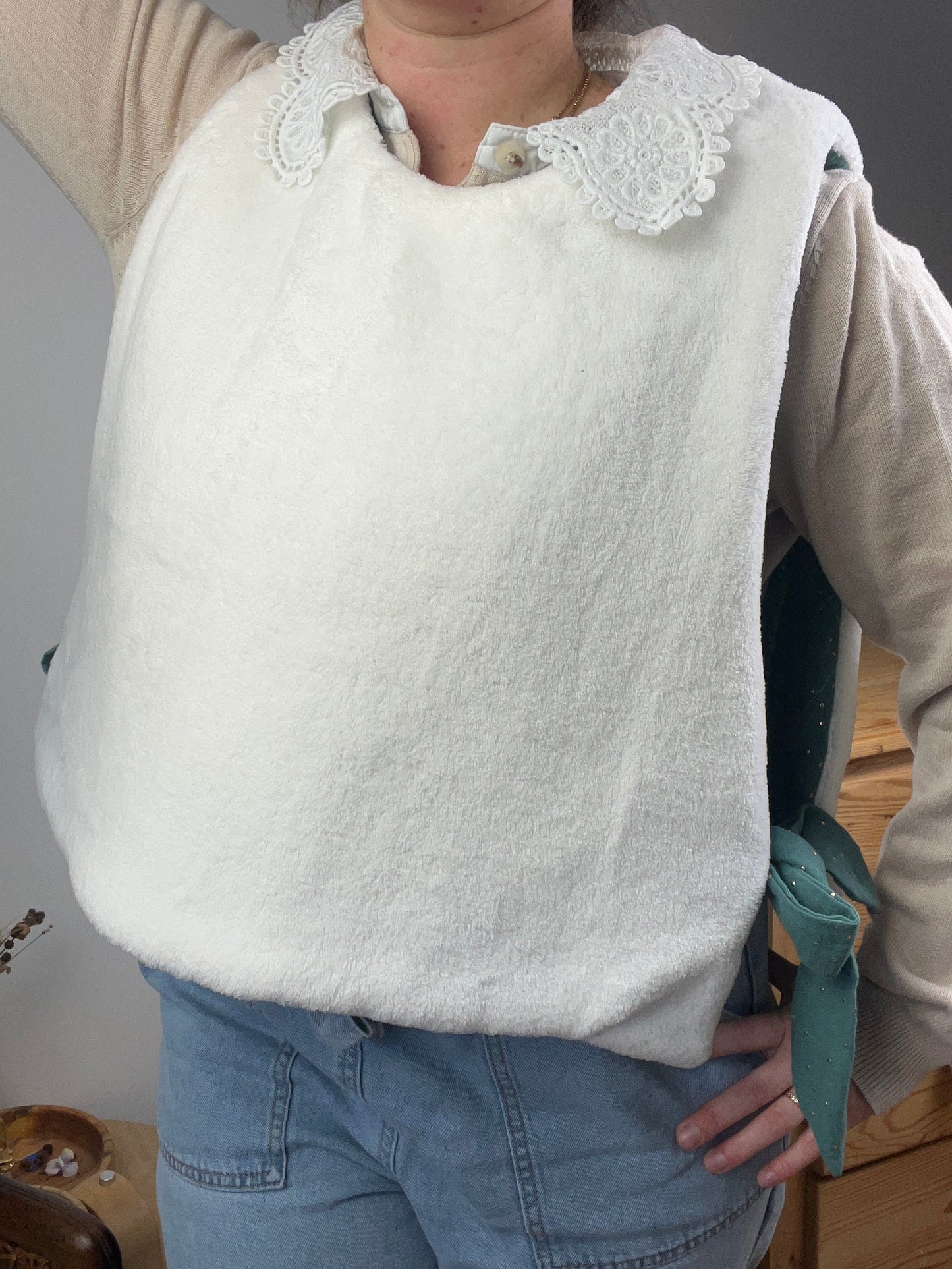 The Josephine sweater in eucalyptus gauze and soft fleece