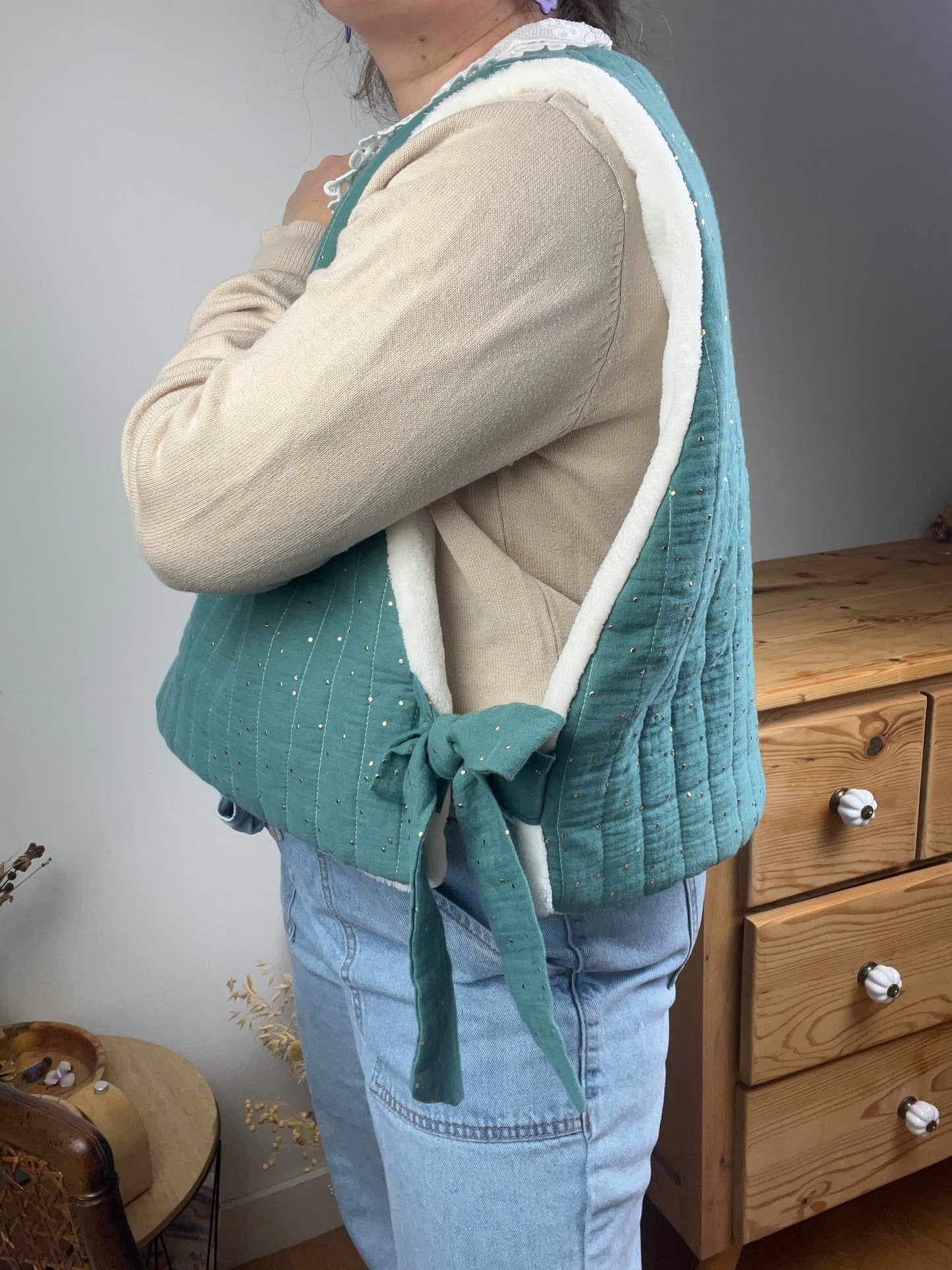 The Josephine sweater in eucalyptus gauze and soft fleece
