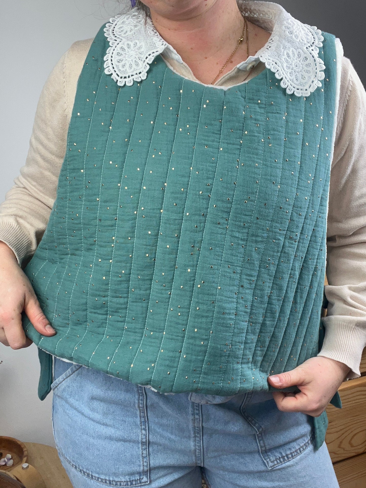 The Josephine sweater in eucalyptus gauze and soft fleece