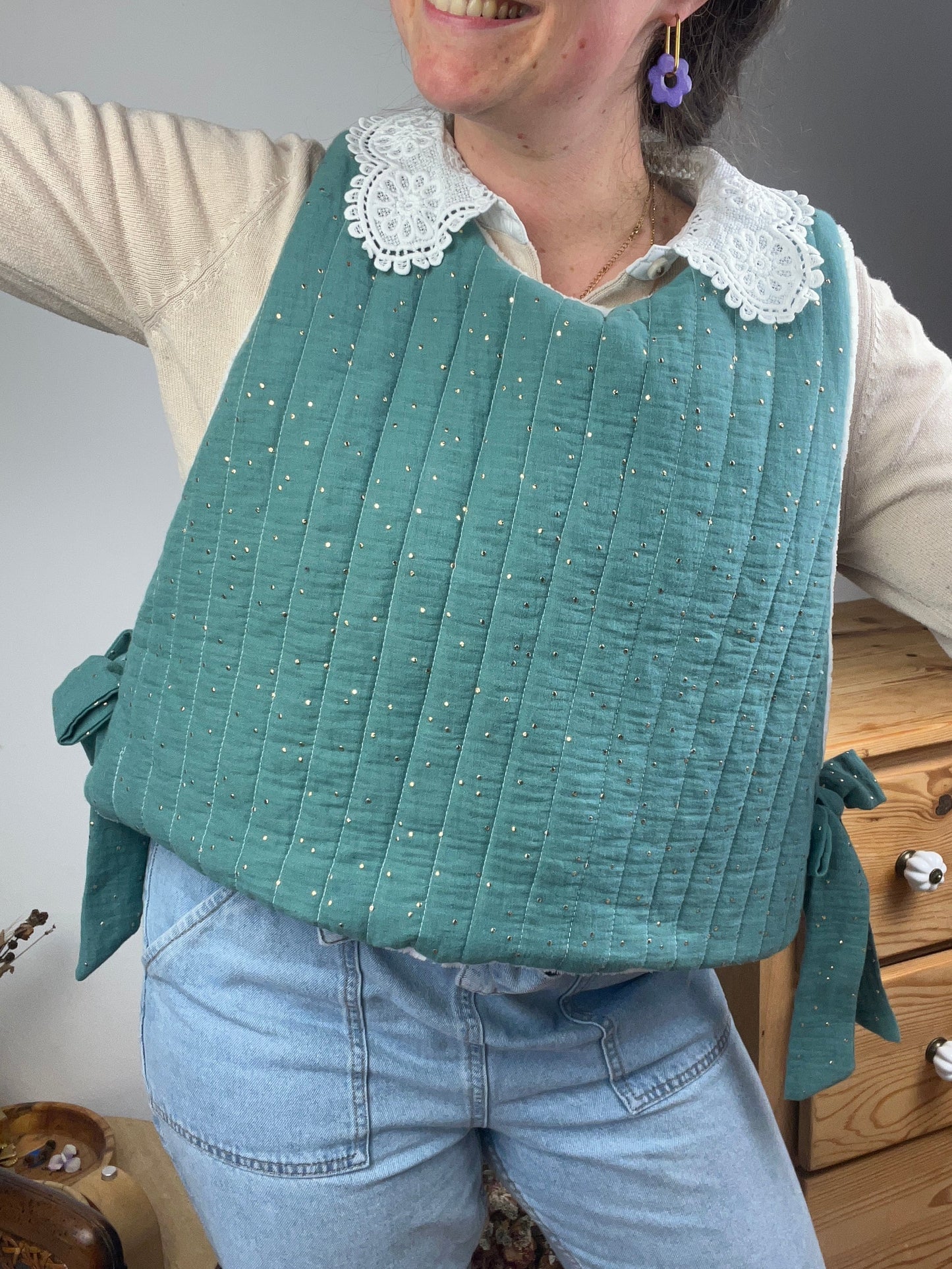 The Josephine sweater in eucalyptus gauze and soft fleece