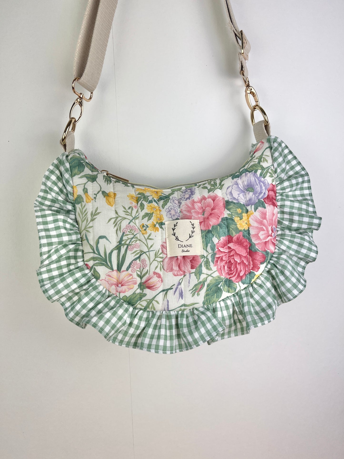 Milan the croissant bag with pink and gingham patterns