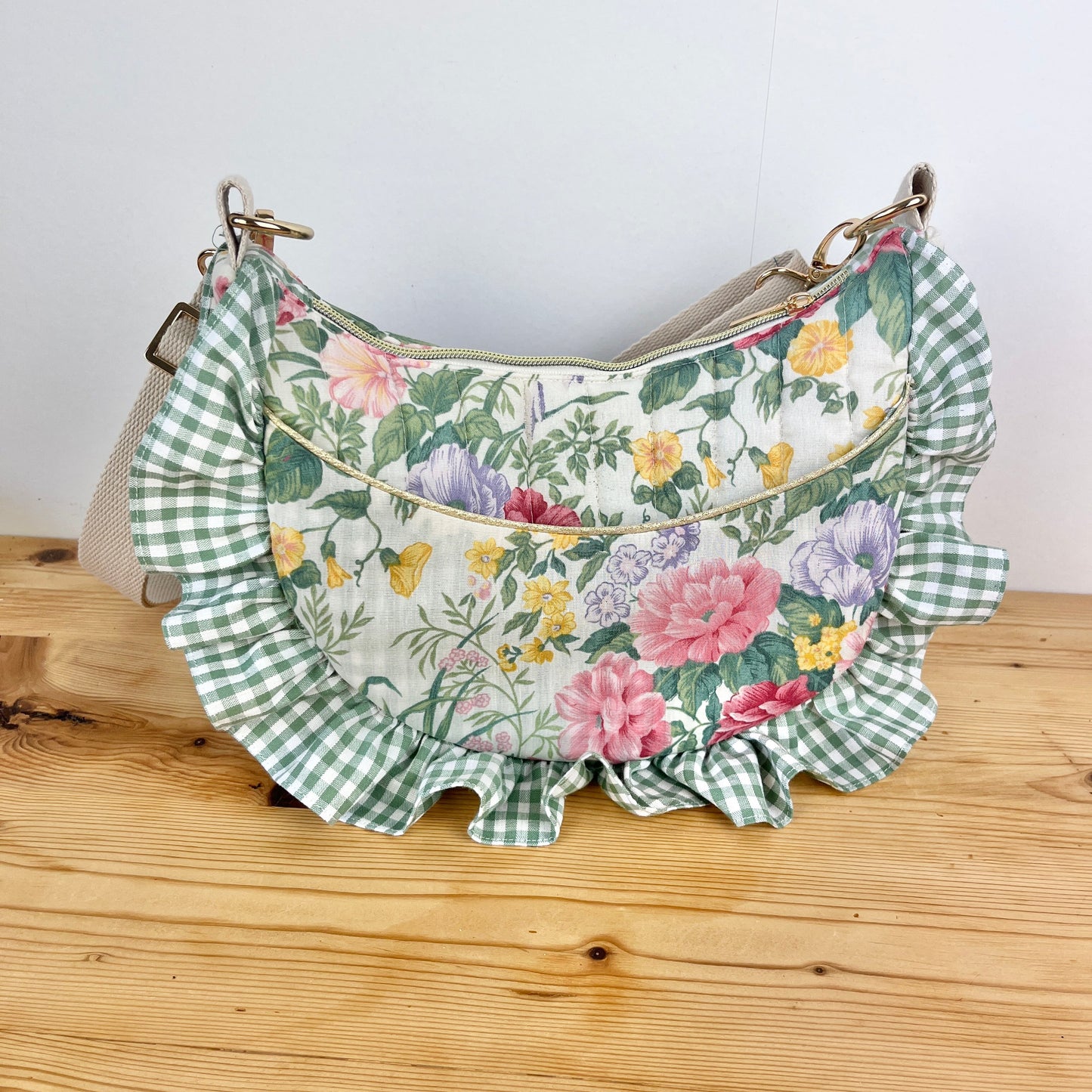 Milan the croissant bag with pink and gingham patterns