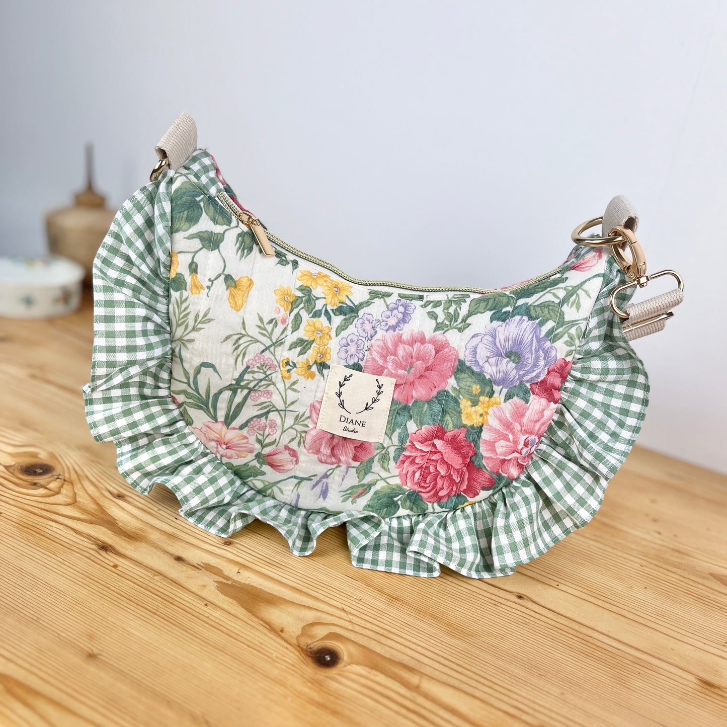 Milan the croissant bag with pink and gingham patterns