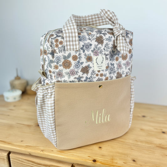 Le sac à dos Angélique velours et vichy camel, tissu marion