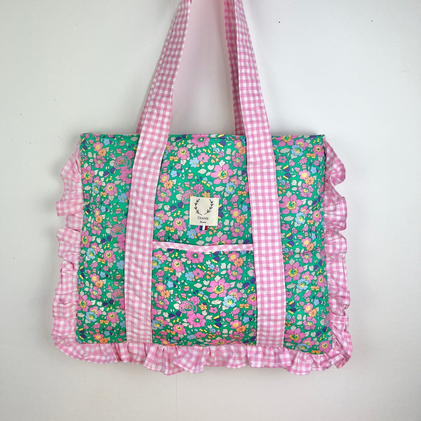 The large Betsy Granny Smith and pink gingham tote bag