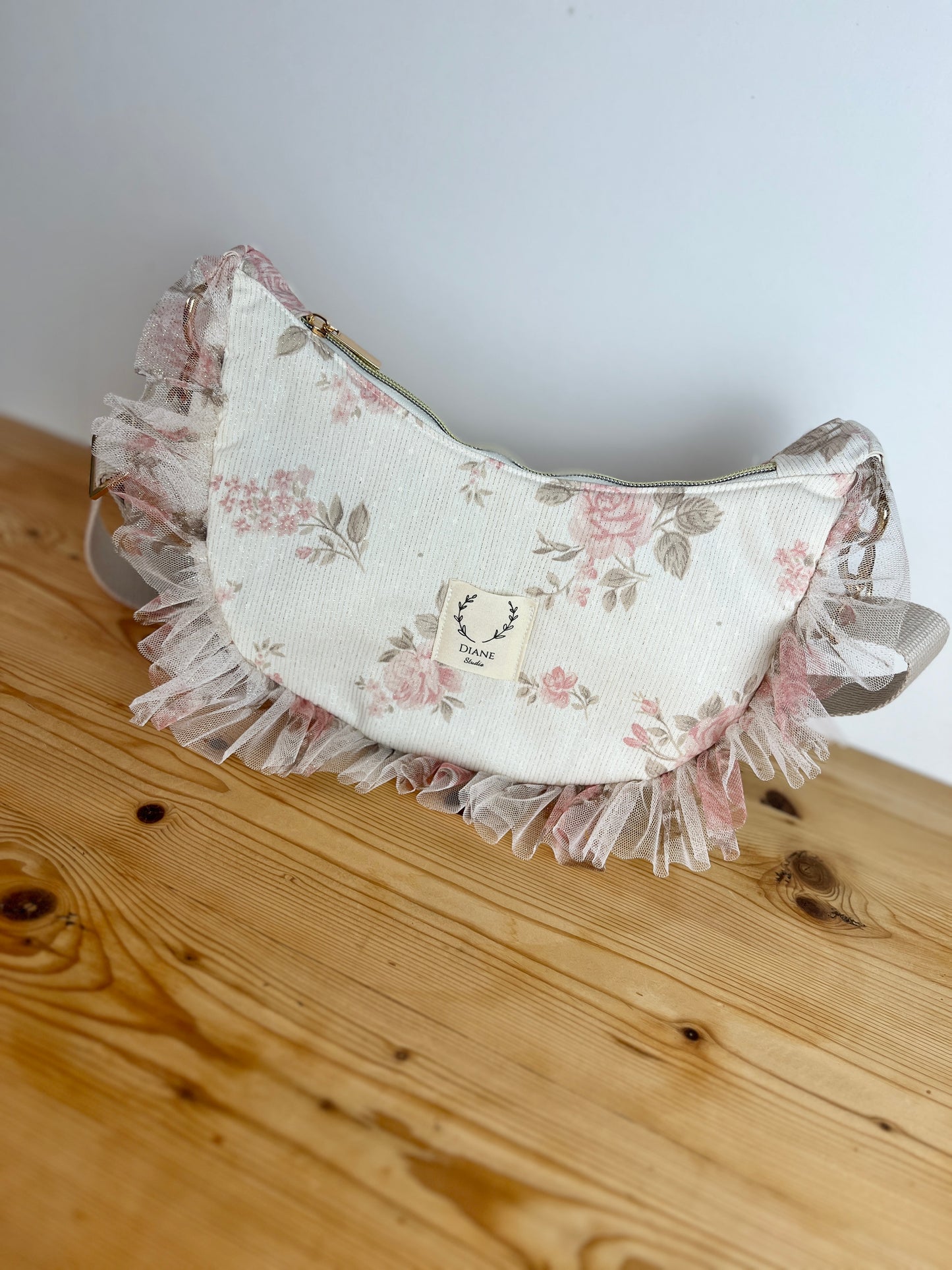 Milan the croissant bag jacquard roses and glittery tulle French-in stock