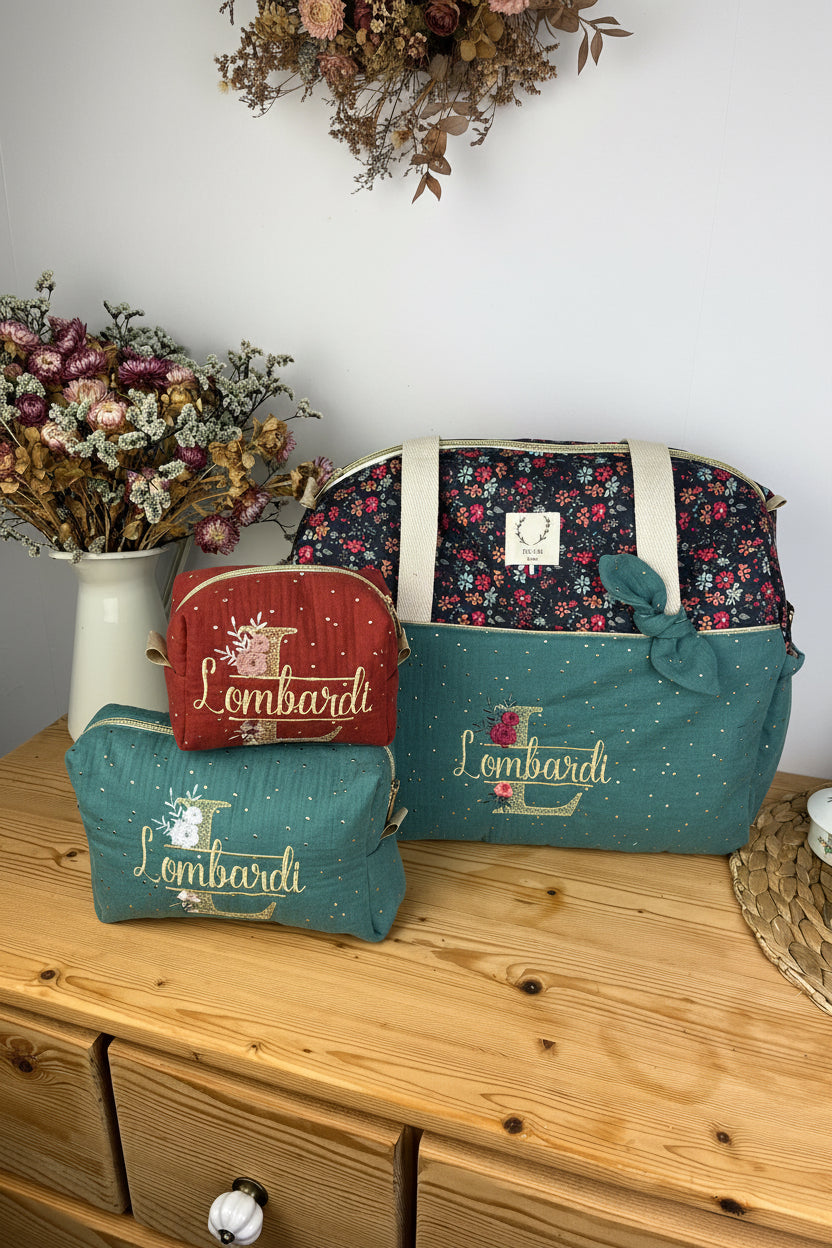 Set includes: diaper bag, toiletry bag, and beauty bag 