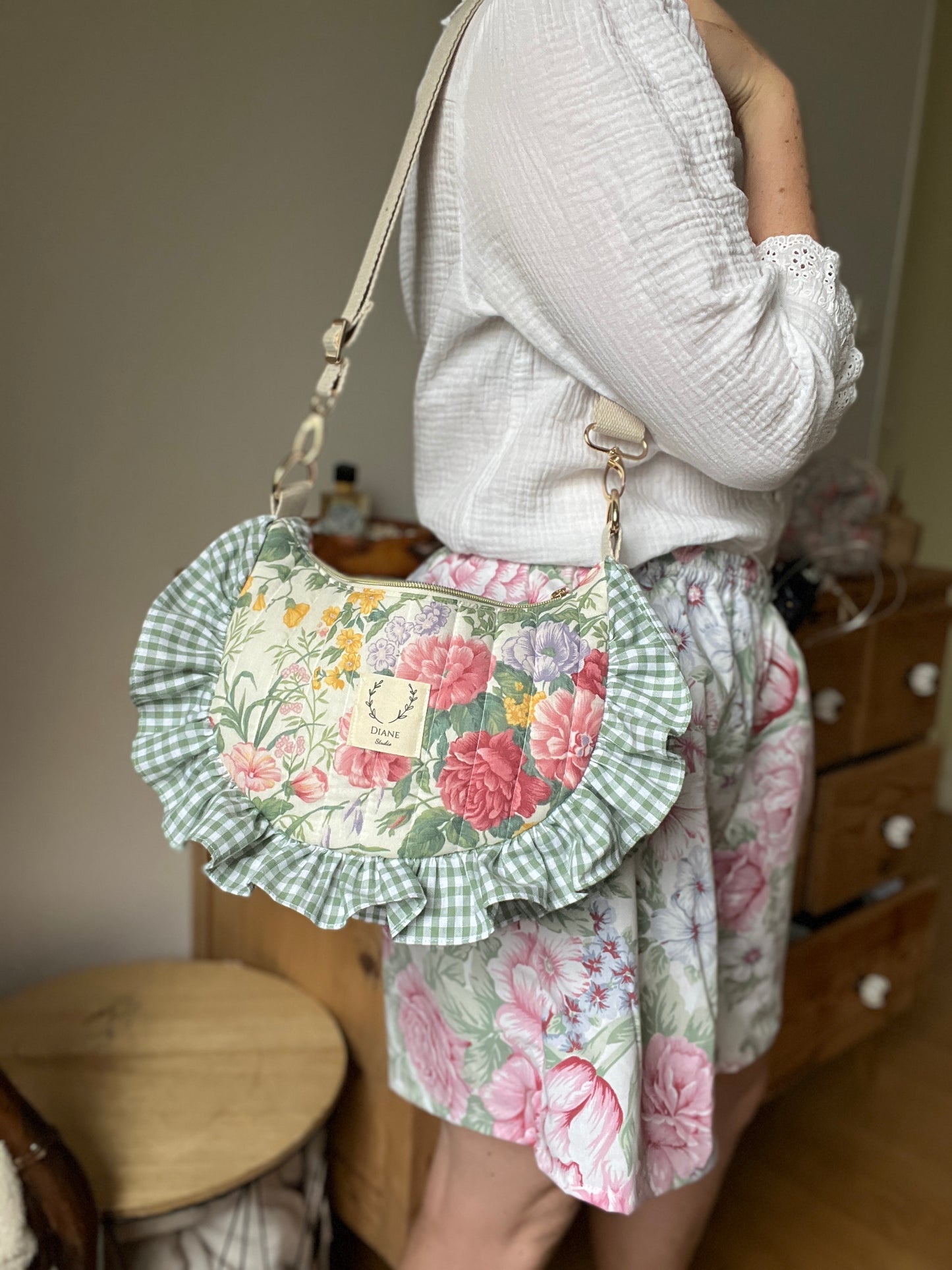Milan the croissant bag with pink and gingham patterns