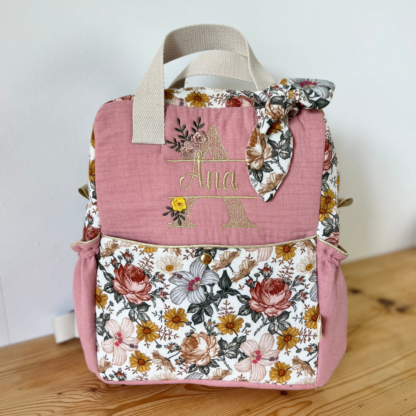 The Ombeline children's backpack in double gauze tea rose and vintage