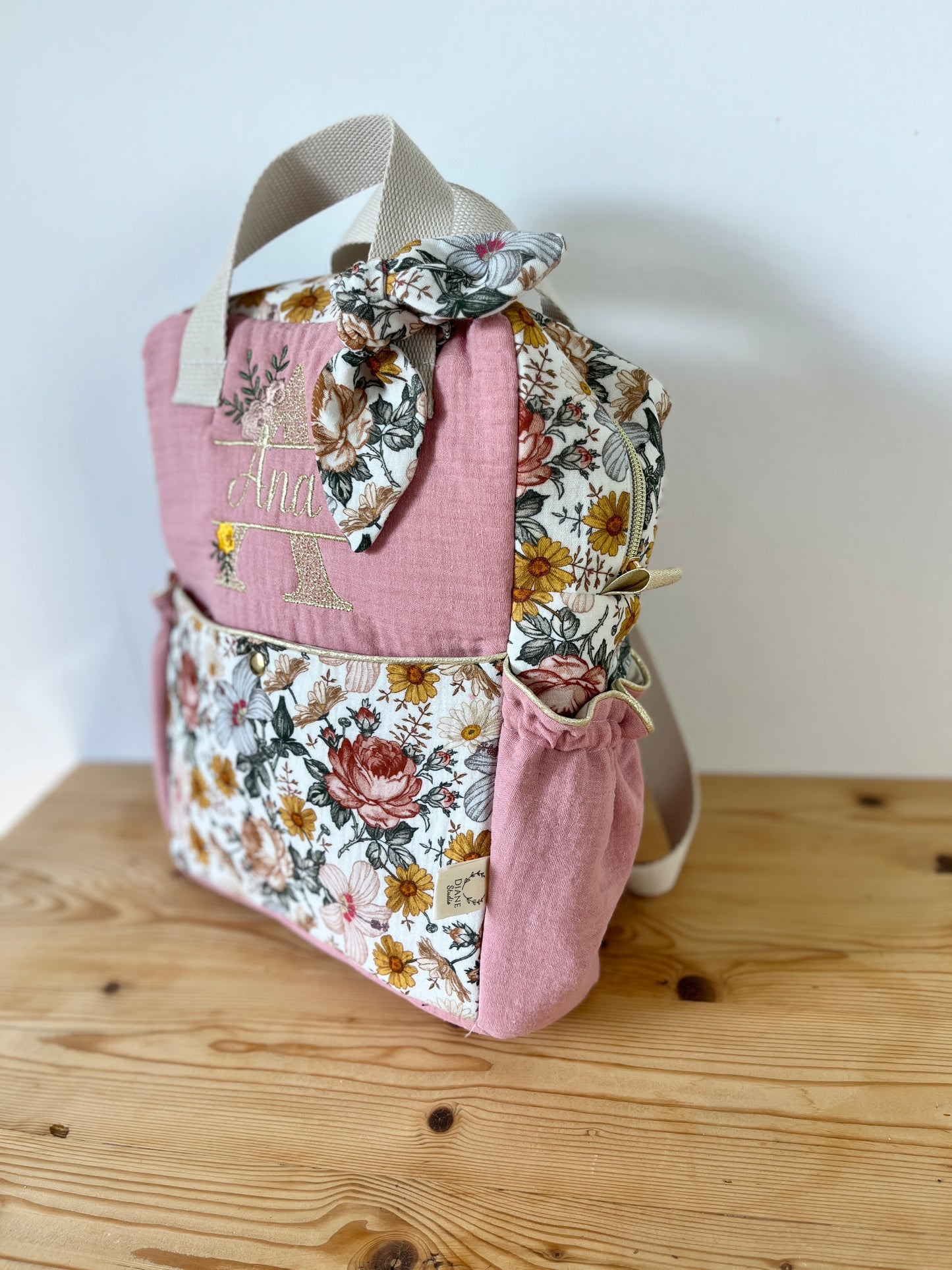 The Ombeline children's backpack in double gauze tea rose and vintage